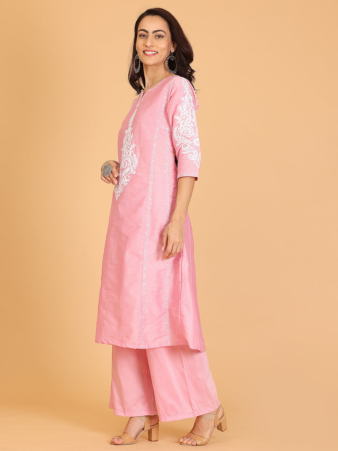 Kaanchie Nanggia Pink Embroidered Cotton Silk Flayred Kurta and Palazzo (Set of 2)
