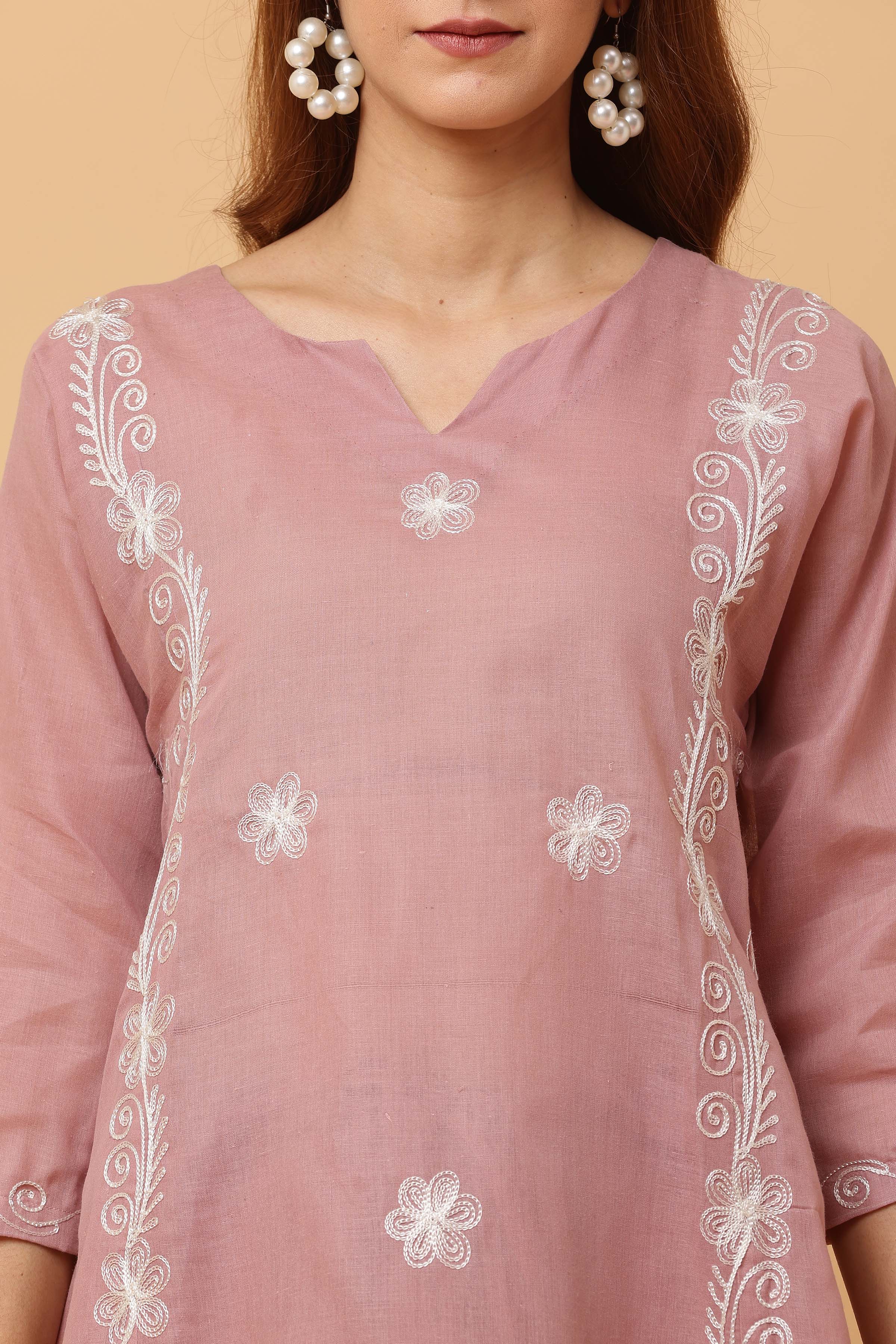 Kaanchie Nanggia Dusty Peach Kalidar Emb Kurta Chudidar with Dupatta (Set of 3)