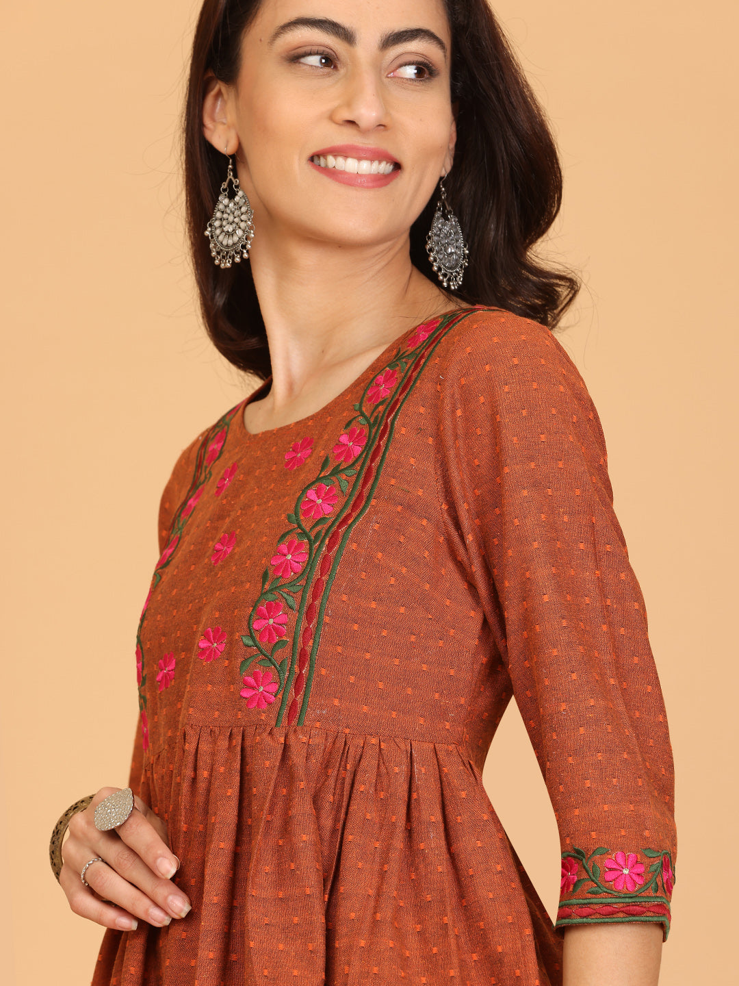 Kaanchie Nanggia Brown Embroidered Flayred Kurta with Pant (Set of 2)