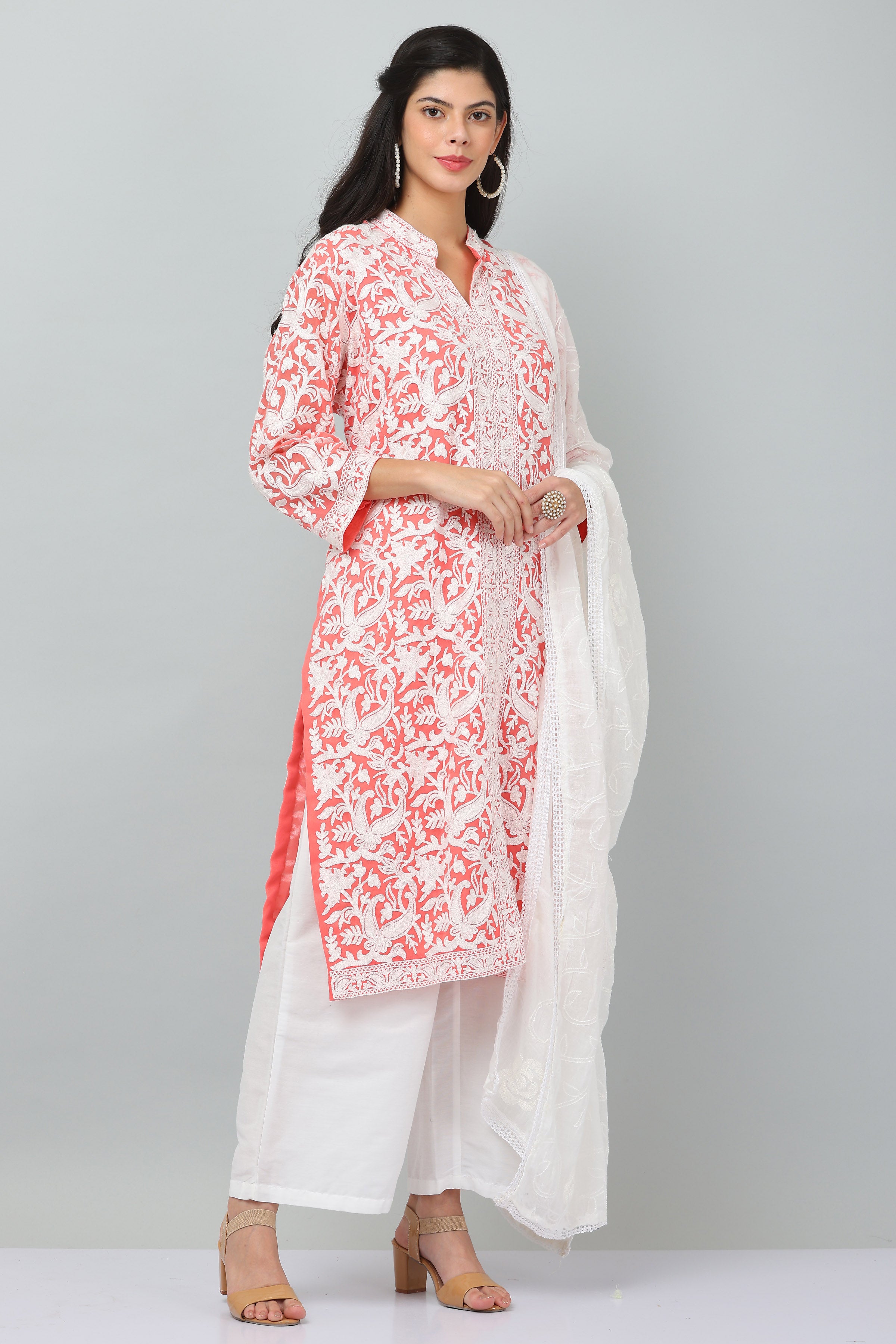 Kaanchie Nanggia Peach Georgette Embroidered Kurta & Dupatta with Pant (Set of 3)