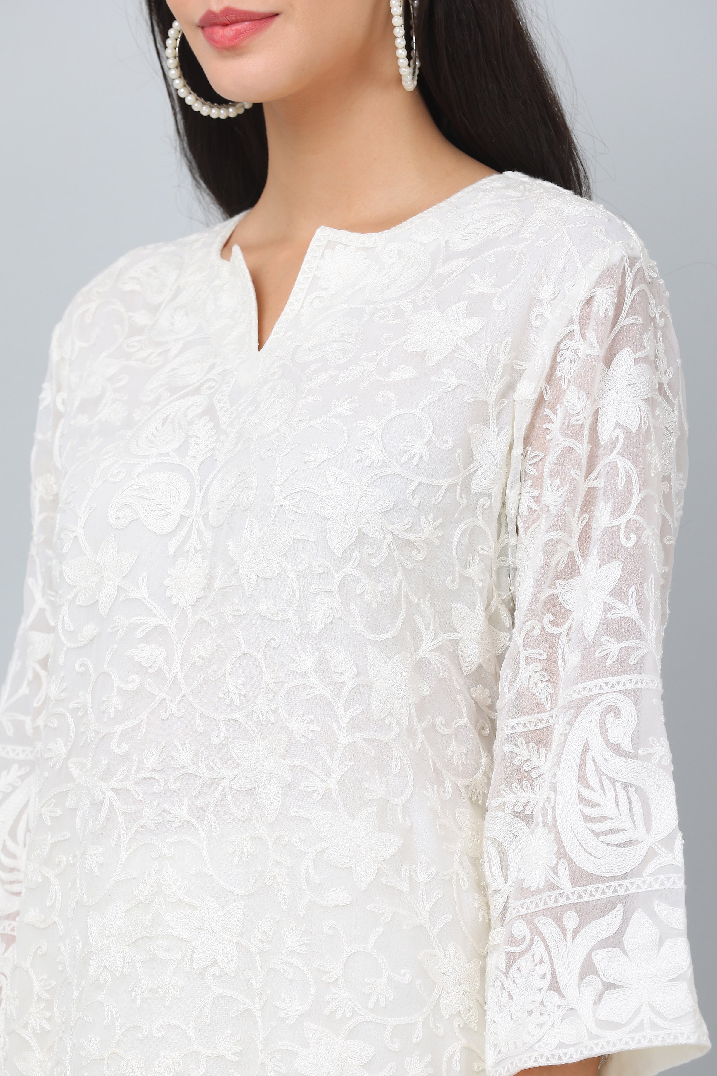 Kaanchie Nanggia White Georgette Embroidered Kurta & Dupatta with Pant (Set of 3)