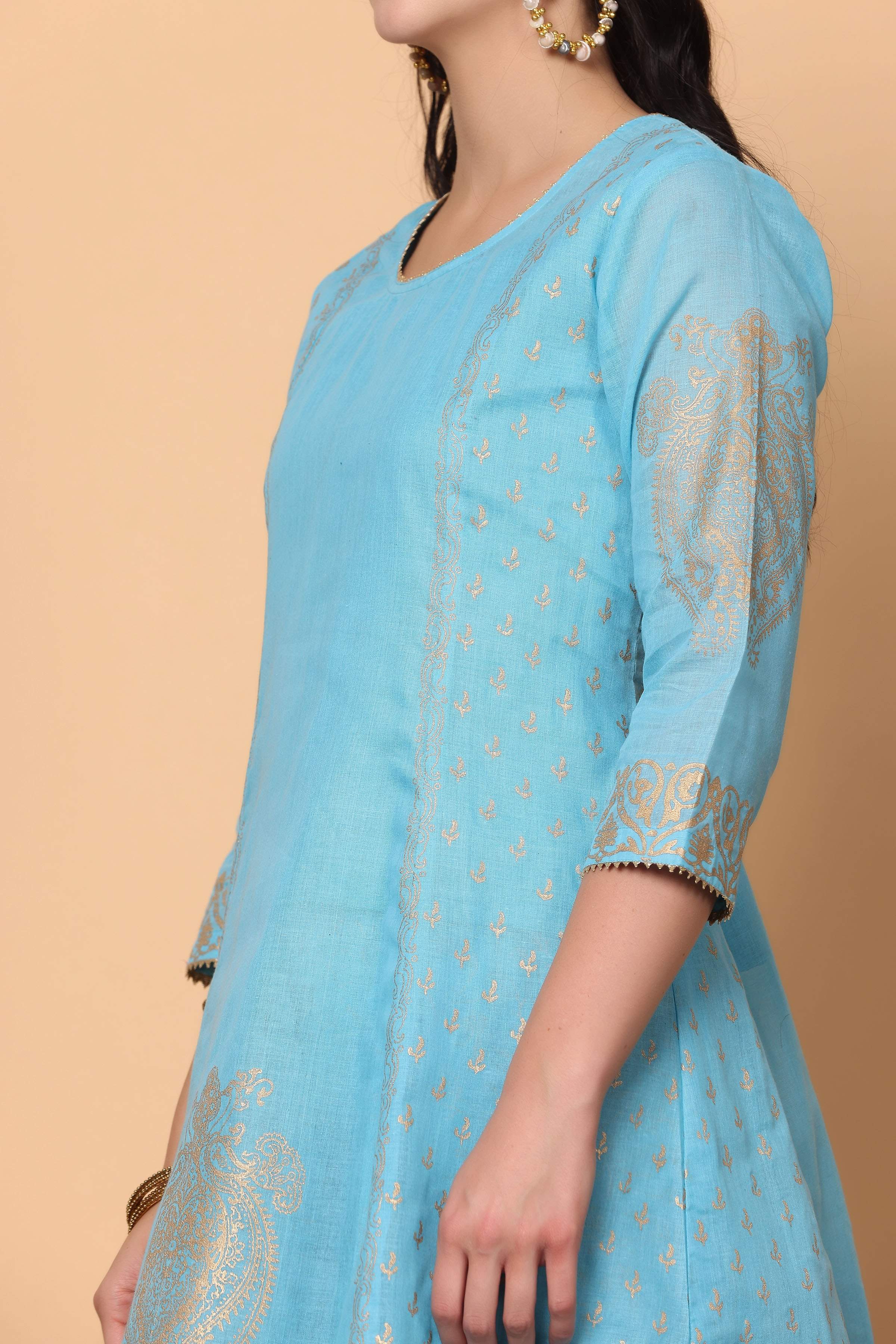 Kaanchie Nanggia Turquoise Printed Kurta Dupatta and Salwar (Set of 3)