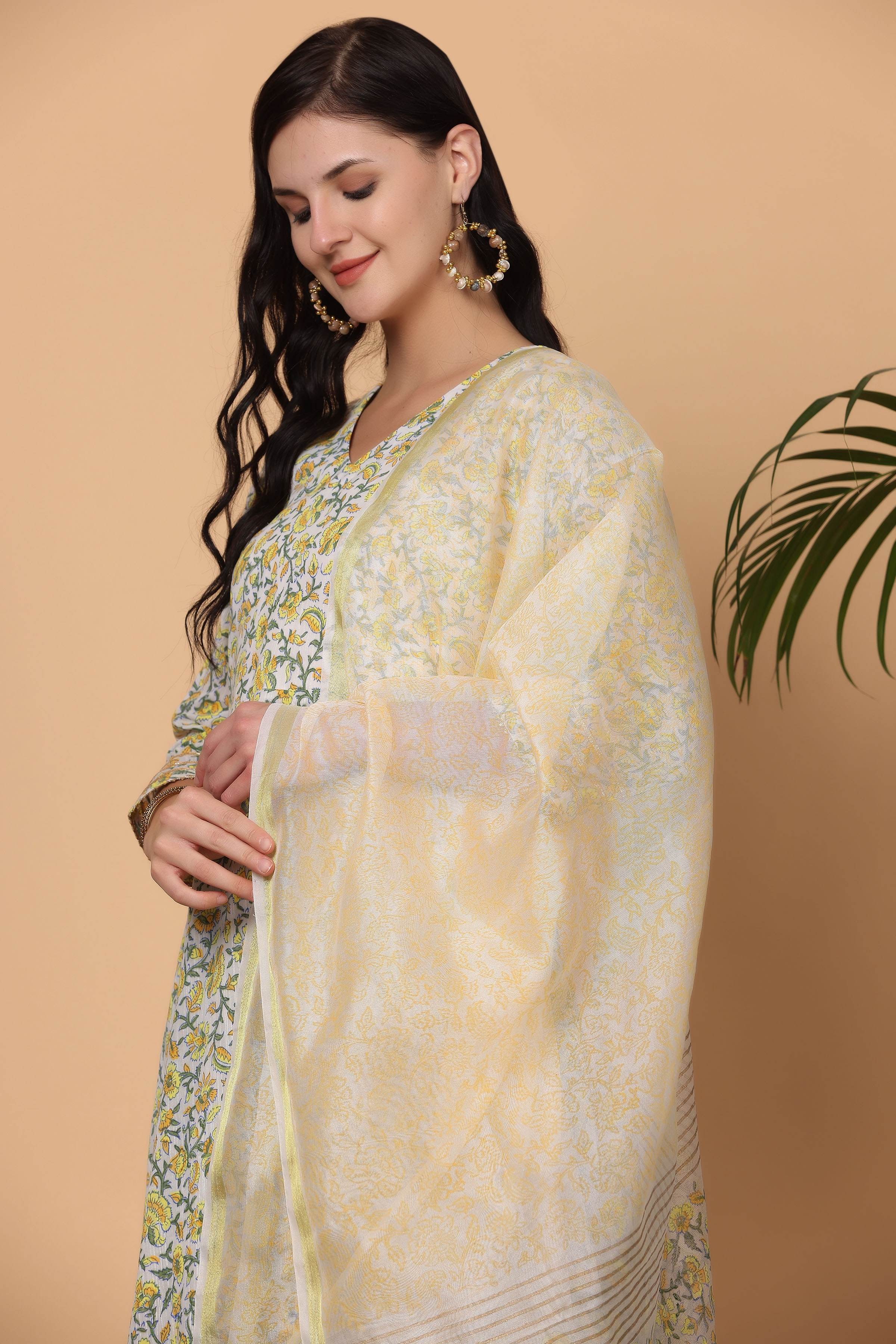 Kaanchie Nanggia Multi-Color Cotton Printed Anarkali Kurta Dupatta with Leggings (Set of 3)