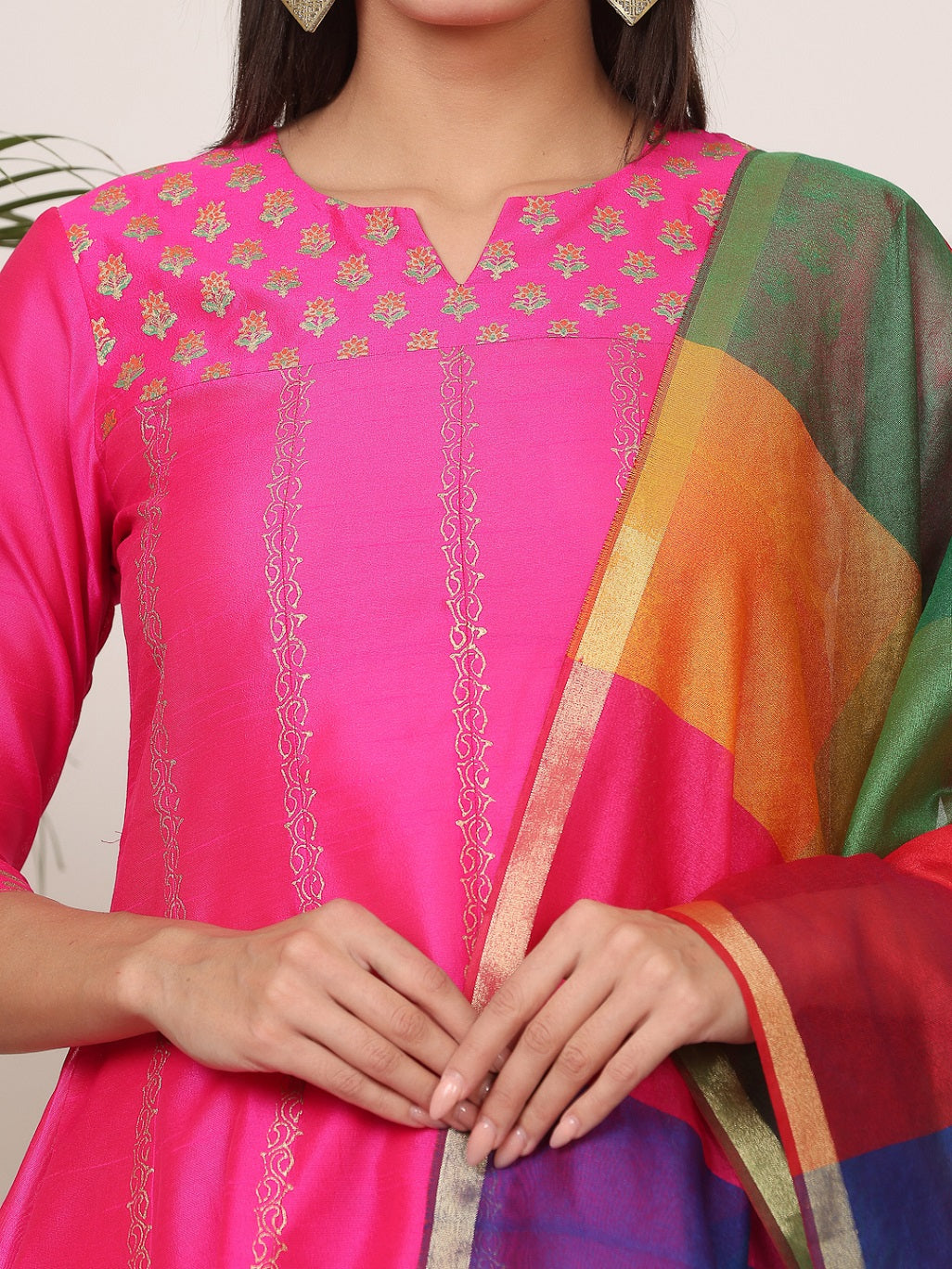 Kaanchie Nanggia Pink Silk Printed Anarkali Churidar with Dupatta (Set of 3)