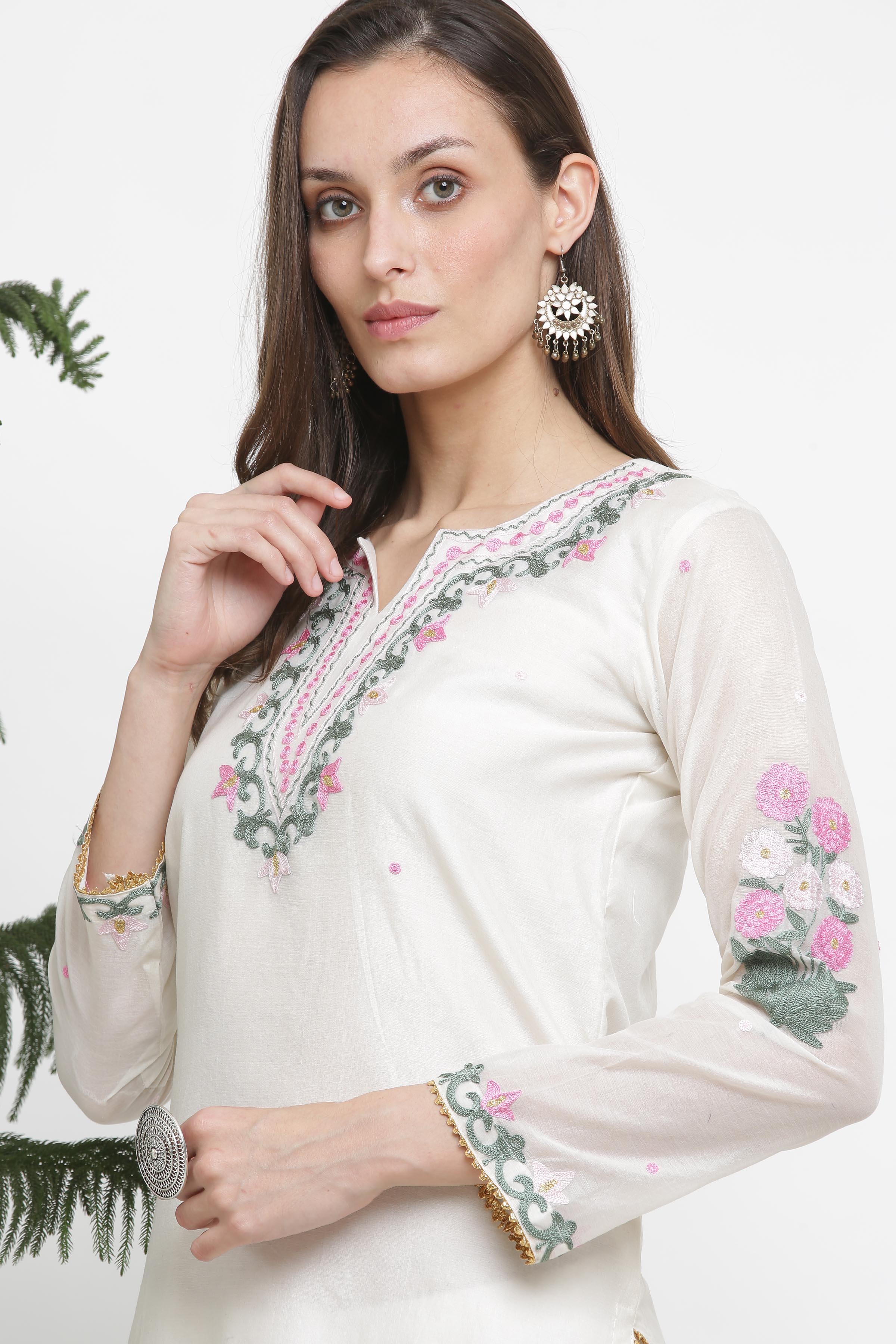 Kaanchie Nanggia White Embroidred A Line Kurta And Pant (Set of 2)