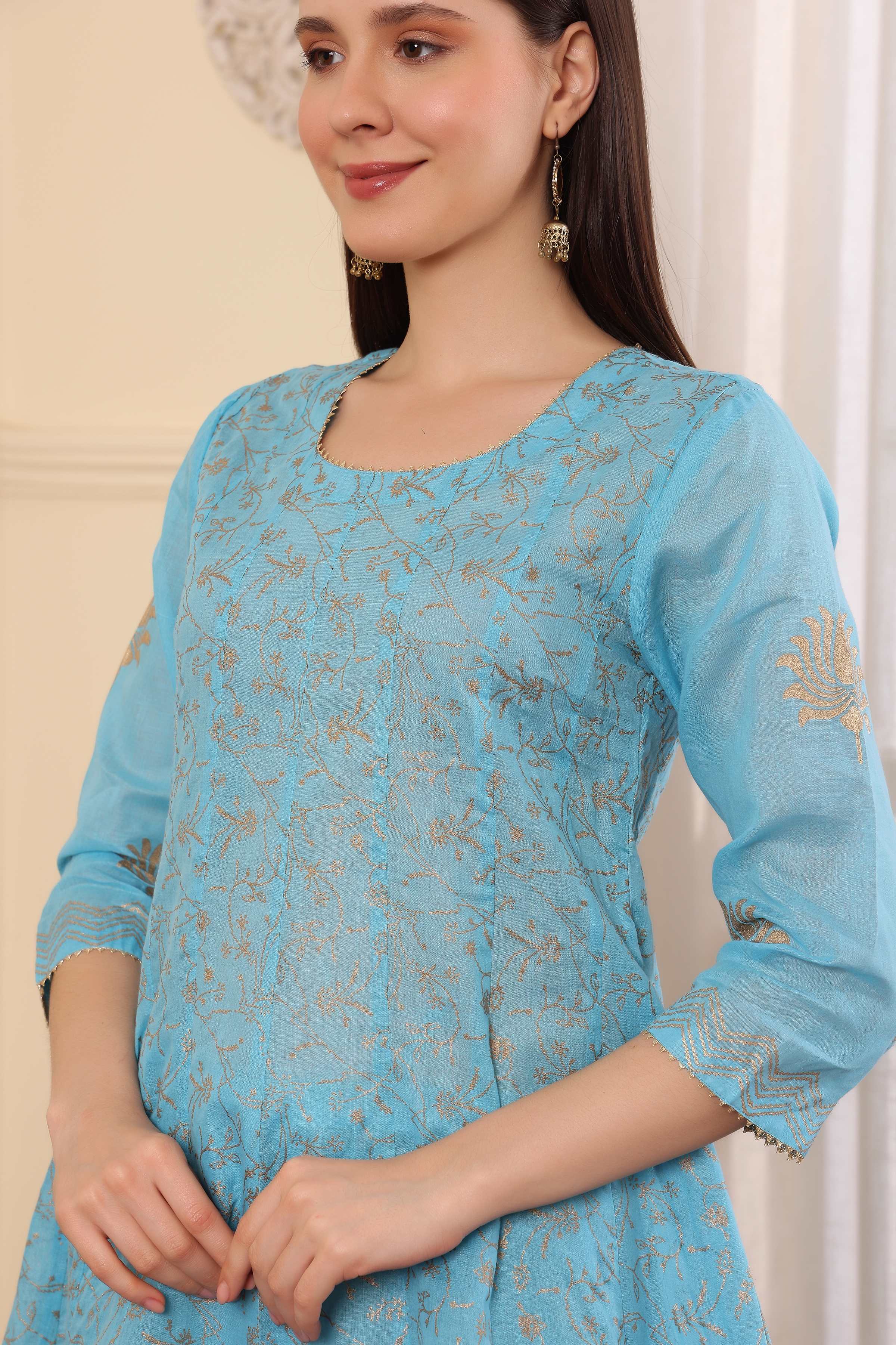 Kaanchie Nanggia Blue Printed Kalidar Kurta Dupatta with Churidar (Set of 3)