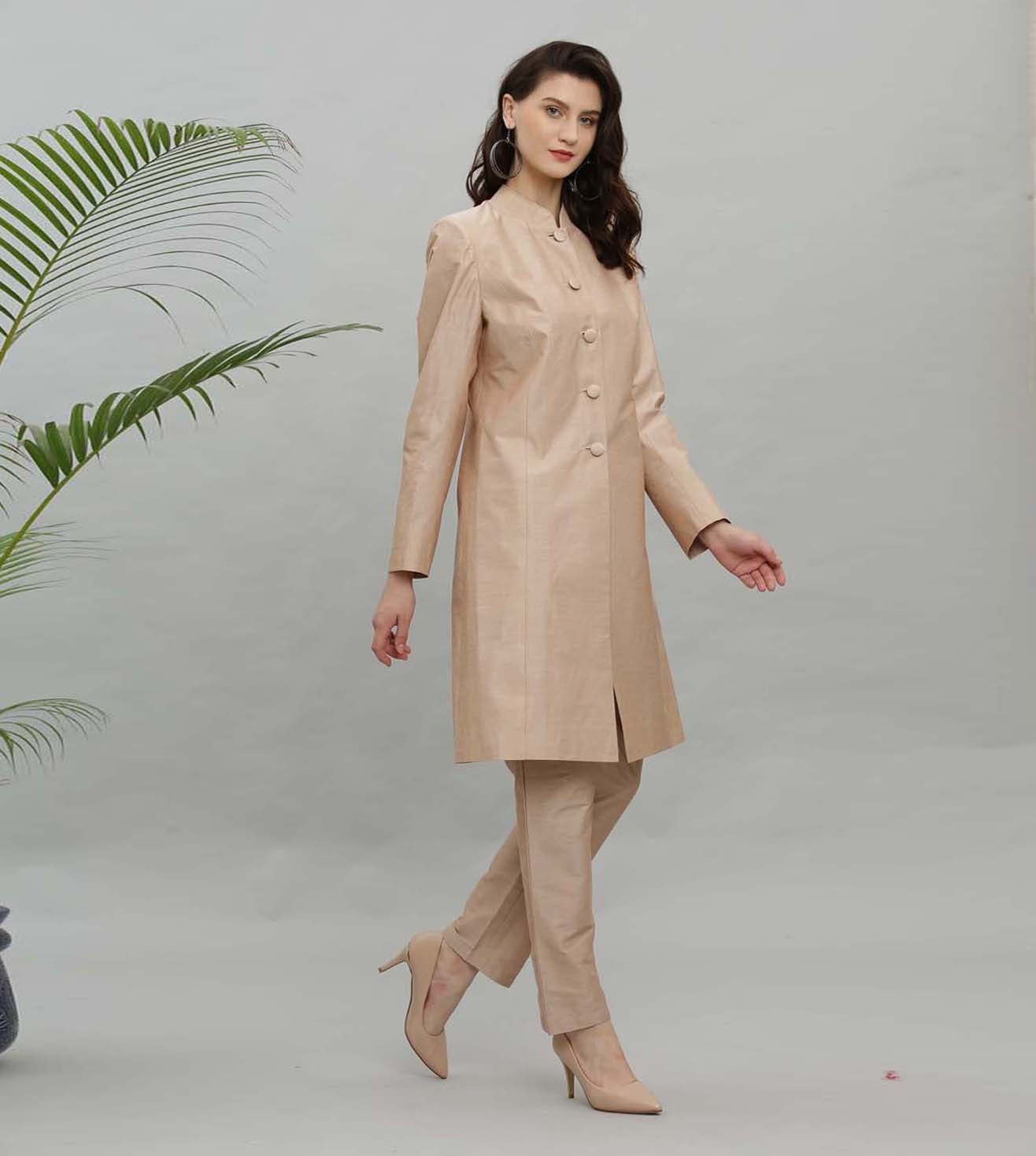 Kaanchie Nanggia Beige Solid Jacket Kurta And Pant - (Set of 2)