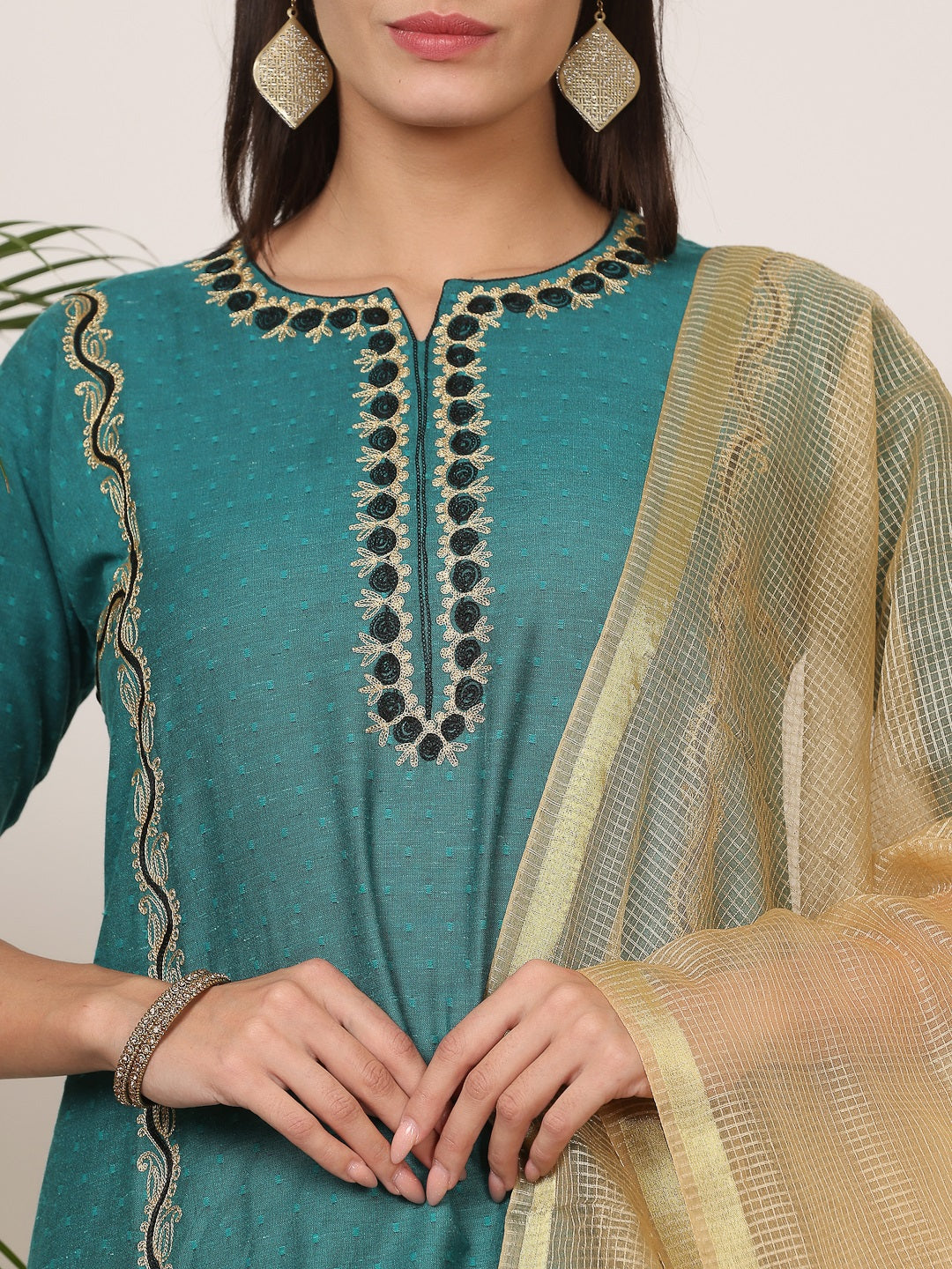 Kaanchie Nanggia Dark Green Pure Silk Embroidered Flayed Kurta Palazzo with Dupatta (Set of 3)