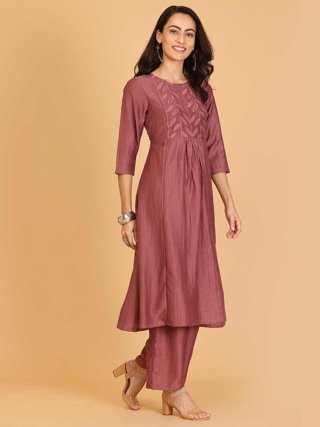 Kaanchie Nanggia Mauve Embroidered Flayred Kurta with Palazzo (Set of 2)