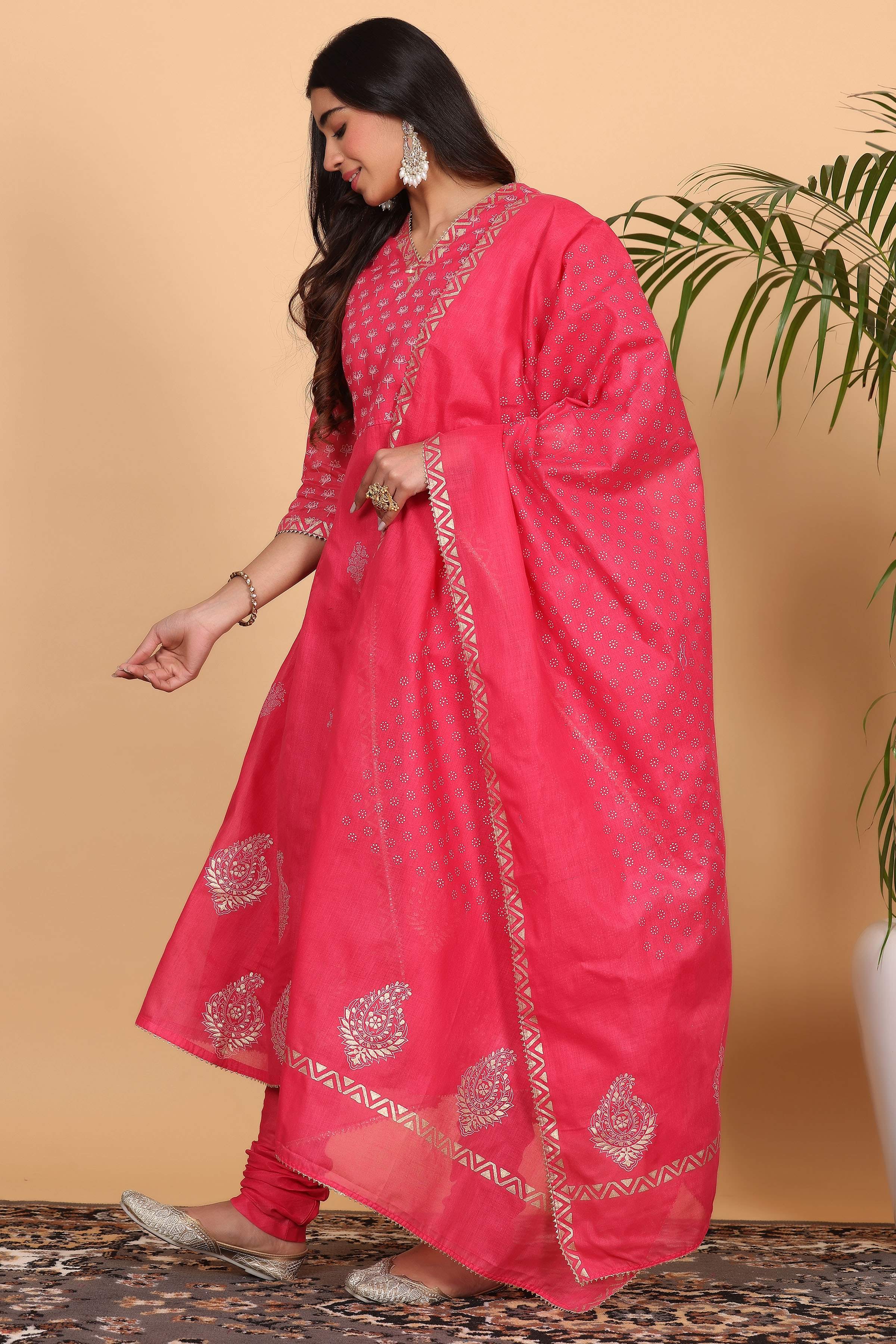 Kaanchie Nanggia Pink Printed Anarkali Kurta Dupatta with Churidar (Set of 3)