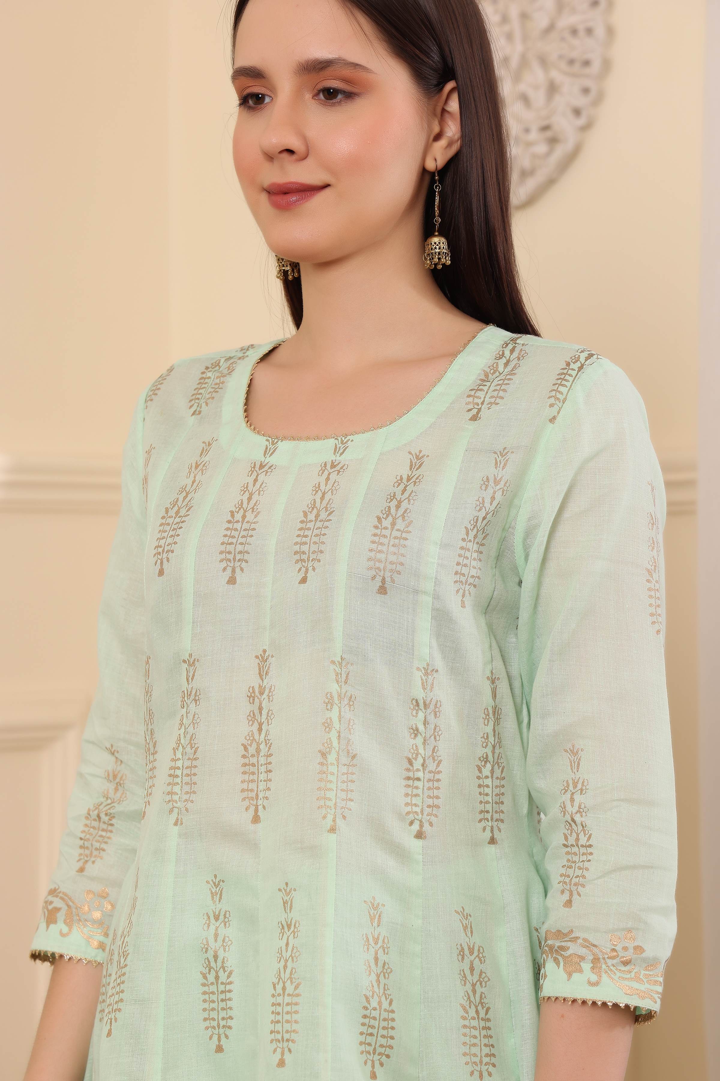 Kaanchie Nanggia Lime Green Printed Kalidar Kurta Dupatta with Churidar (Set of 3)