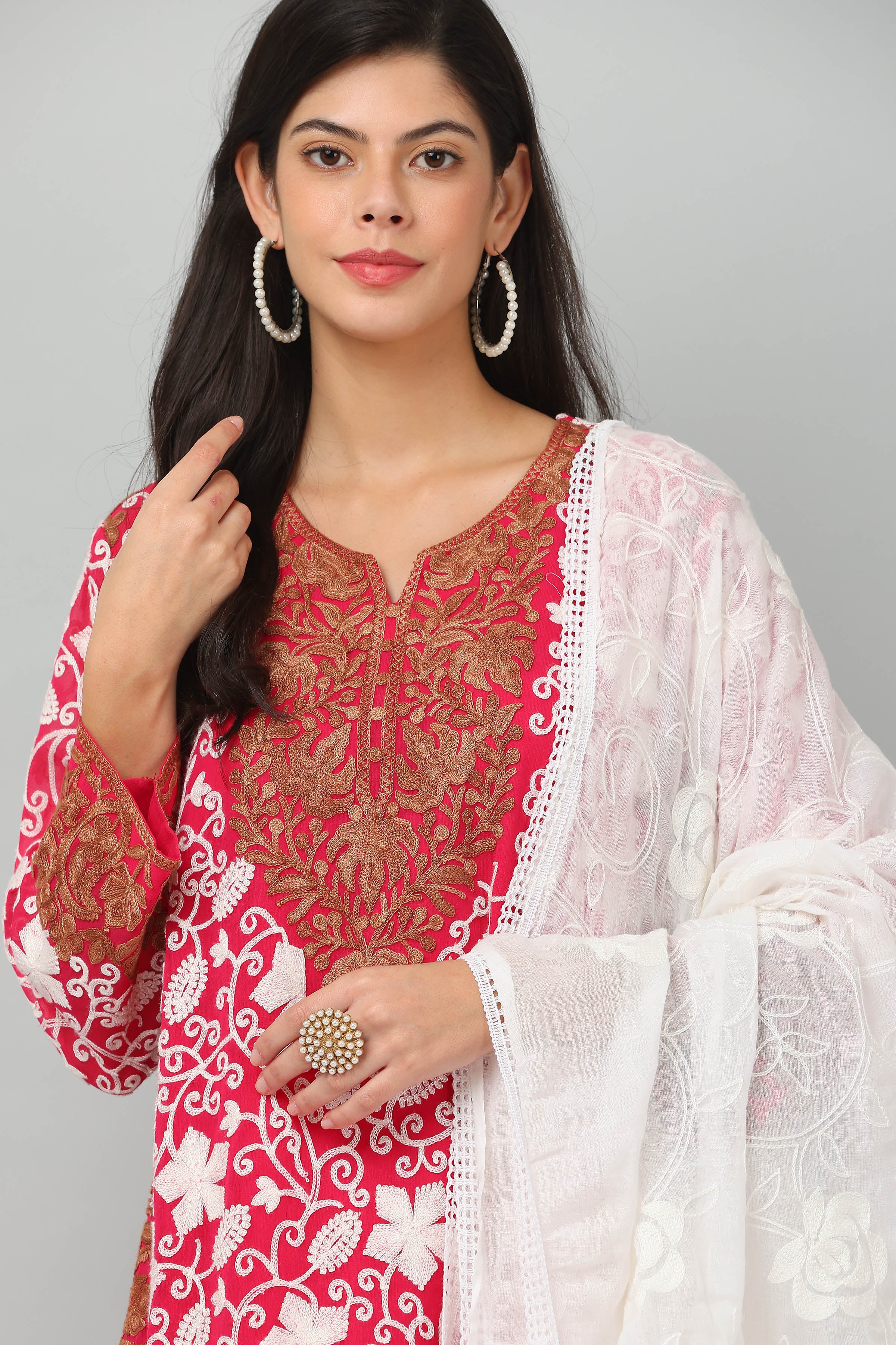 Kaanchie Nanggia Red Georgette Embroidered Kurta & Dupatta with Pant (Set of 3)