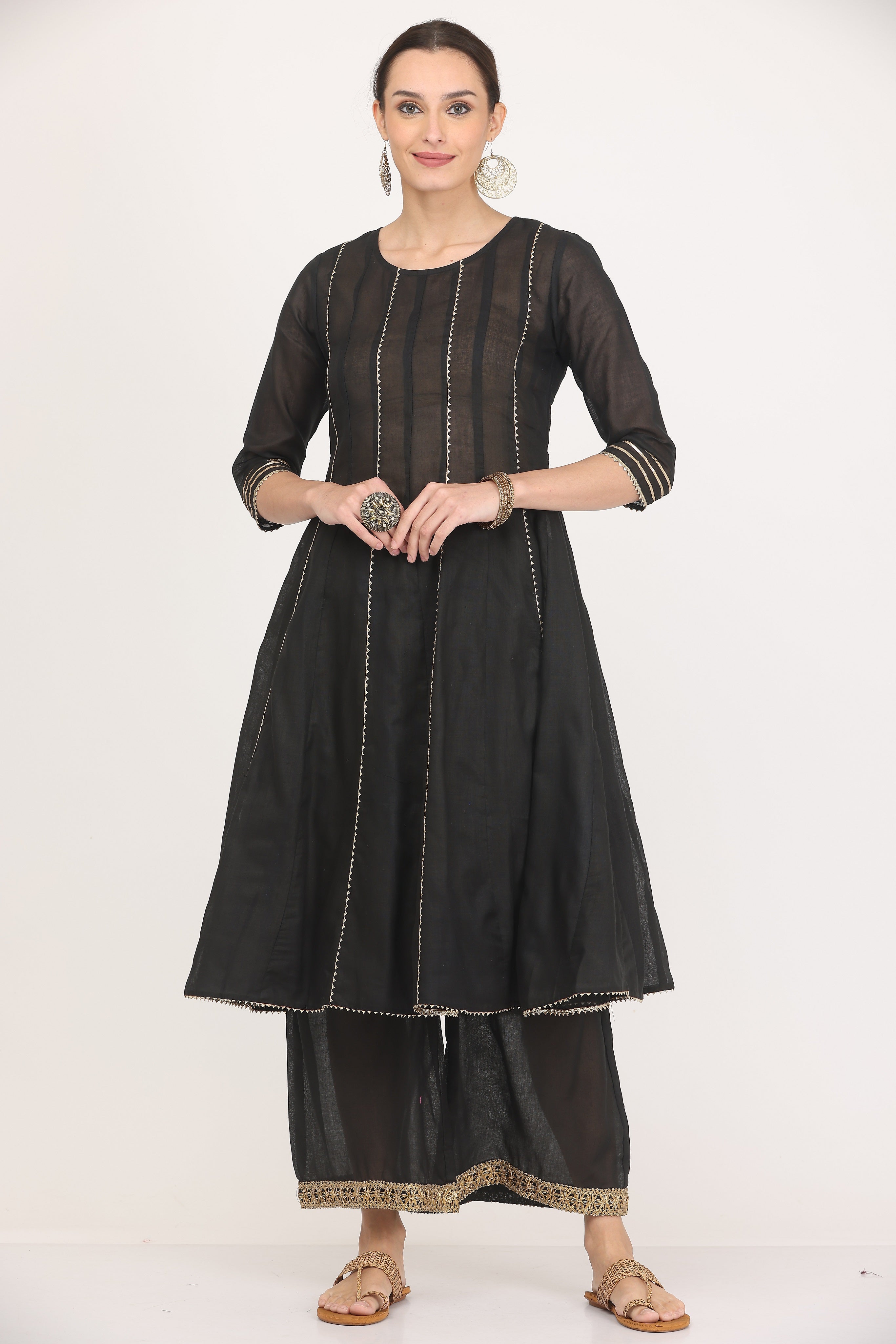 Kaanchie Nanggia Black Gota Work Kurta Palazzo with Dupatta (Set of 3)