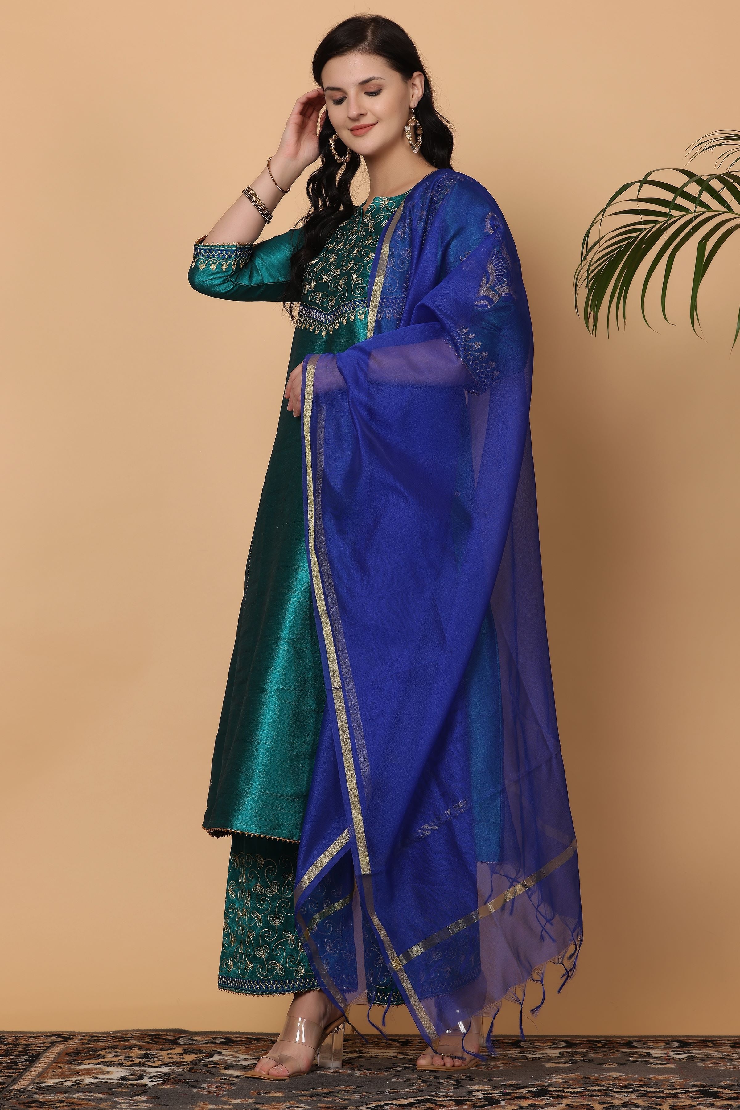 Kaanchie Nanggia Teal Green Embroidered Kurta Palazzo with Dupatta (Set of 3)