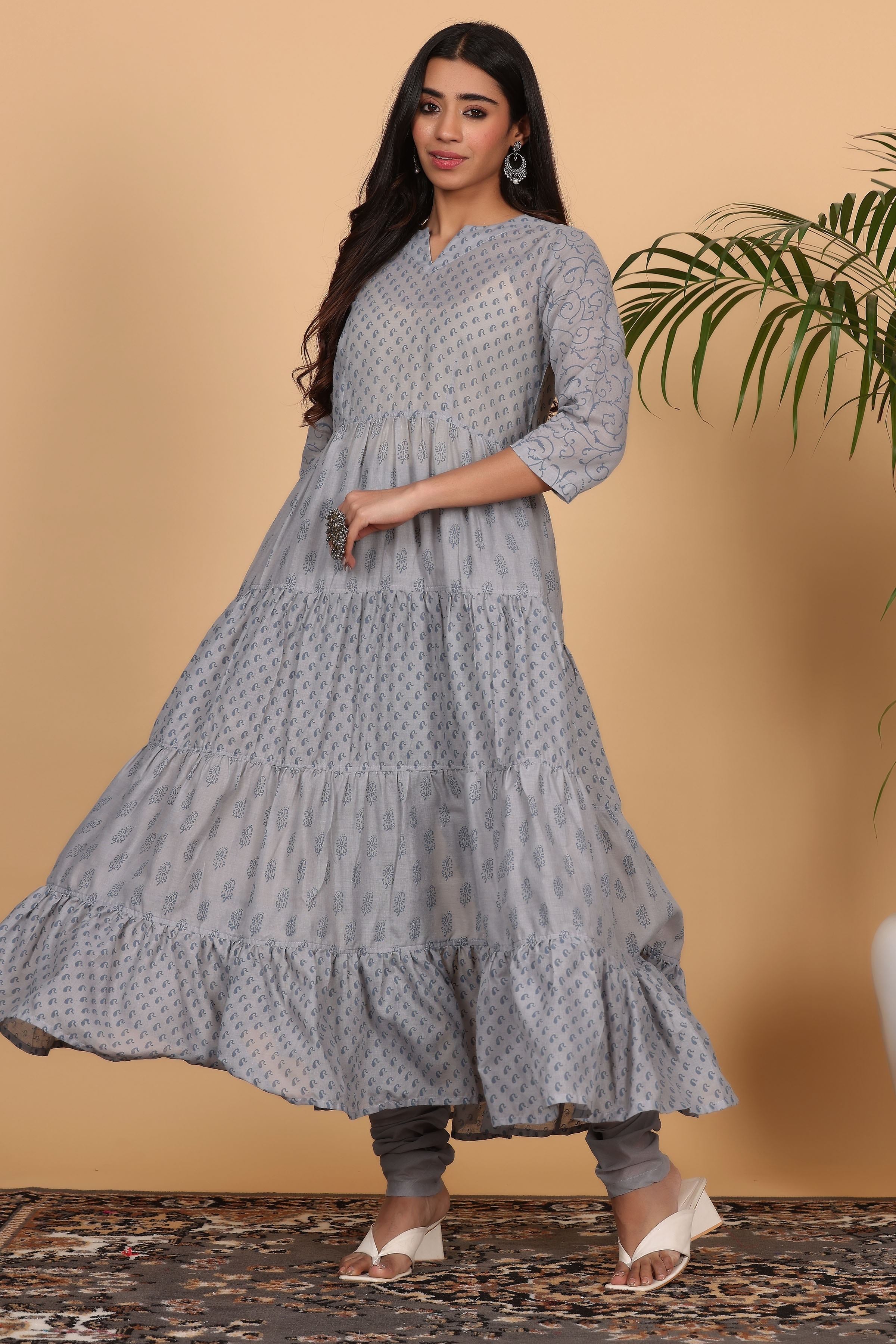 Kaanchie Nanggia Grey Cotton Printed Anarkali Kurta Dupatta with Churidar (Set of 3)