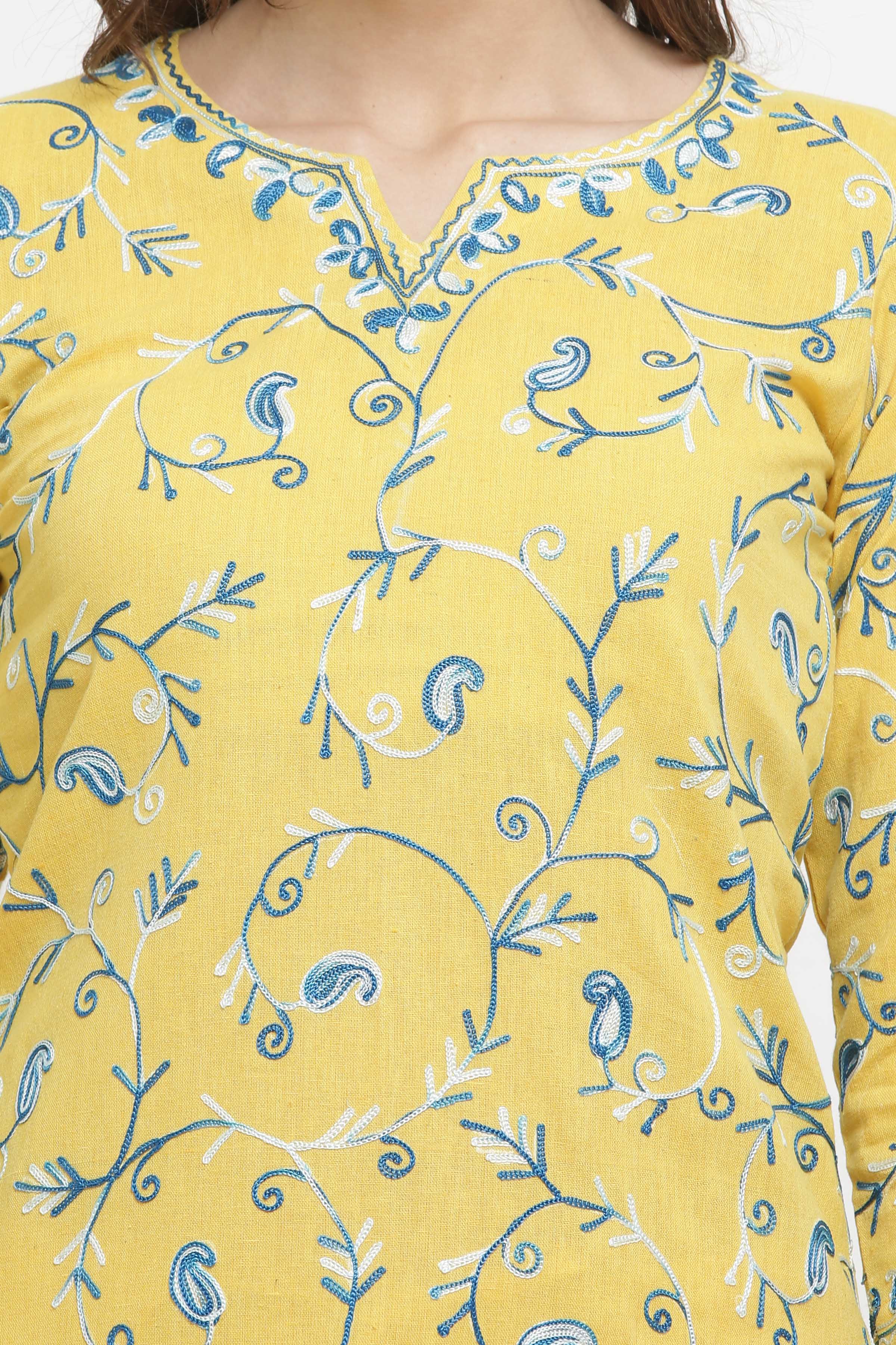 Kaanchie Nanggia Yellow Cotton Embroided Kurta Pant (Set of 2)