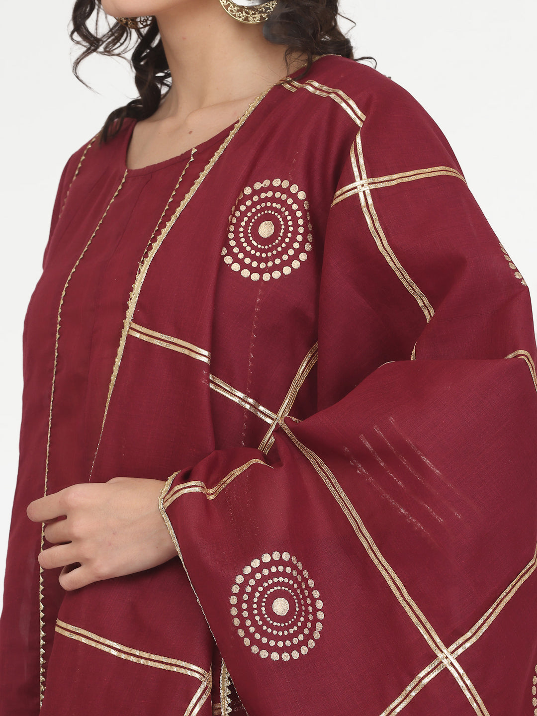 Kaanchie Nanggia Maroon Gota Work Kurta Pant with Printed Dupatta (Set of 3)