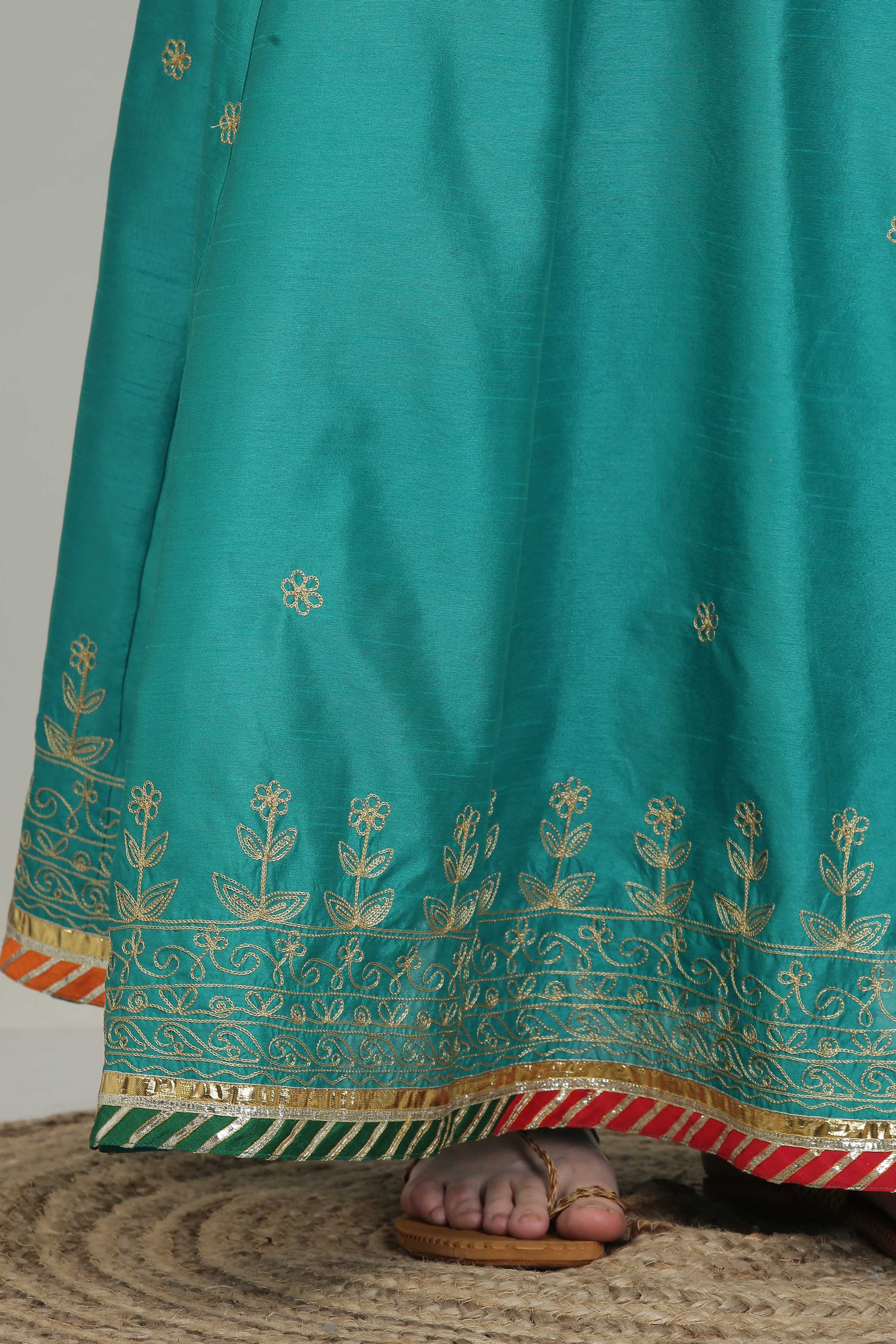 Kaanchie Nanggia Turquoise Blue Embroidered Thread Work Silk Ready to Wear Lehenga & Kurta With Dupatta (Set of 3)