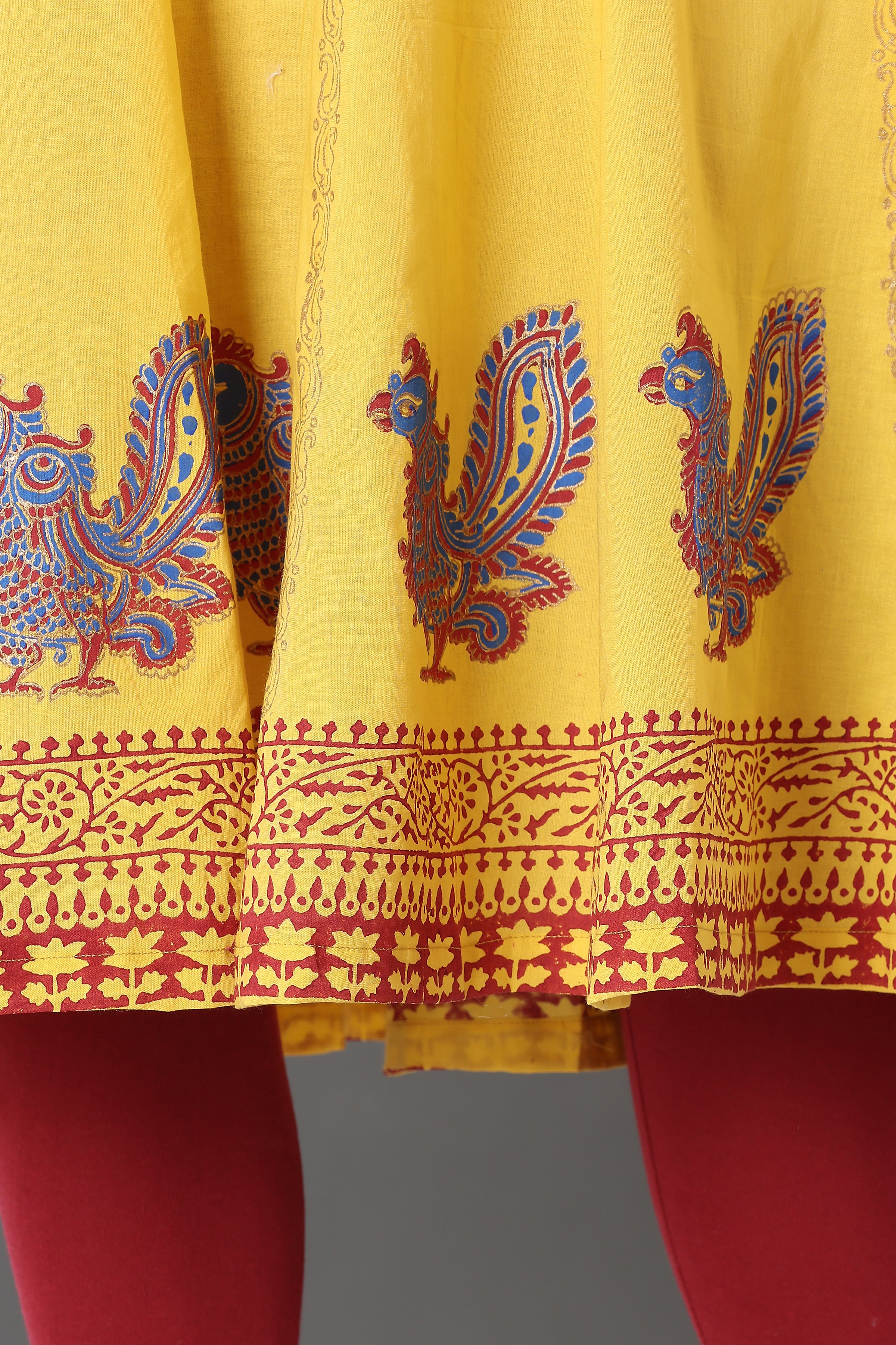 Kaanchie Nanggia Yellow Block Printed Anarkali with Leggings and Dupatta (Set of 3)