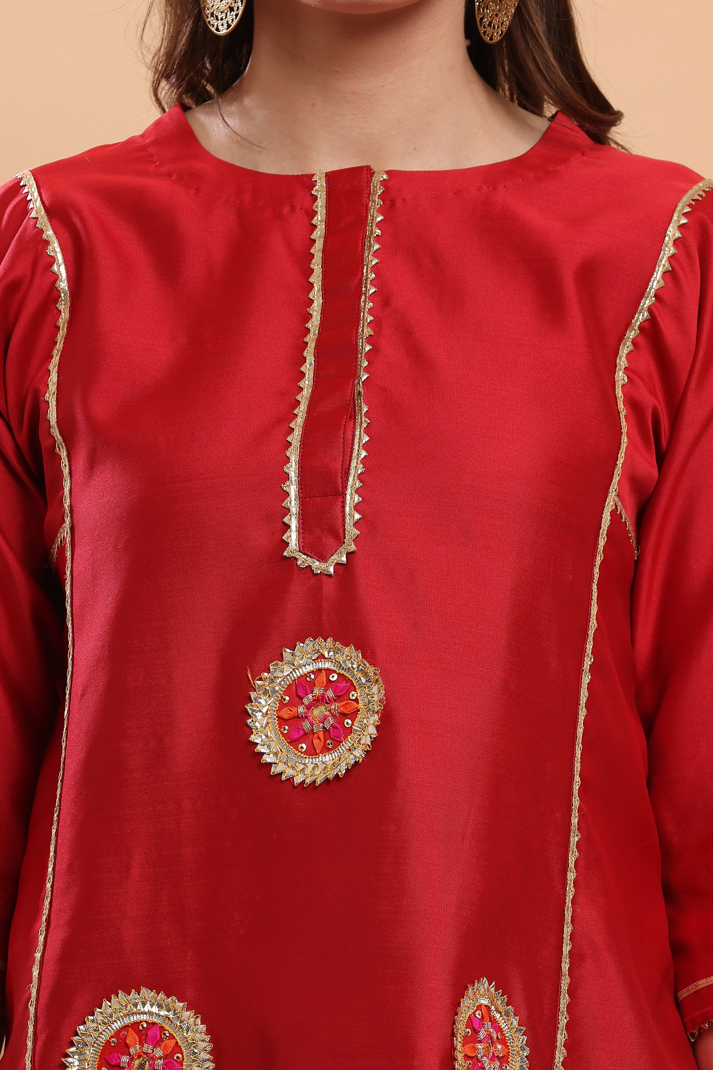 Kaanchie Nanggia Red Flayred Gota Work Kurta Palazzo (Set of 2)