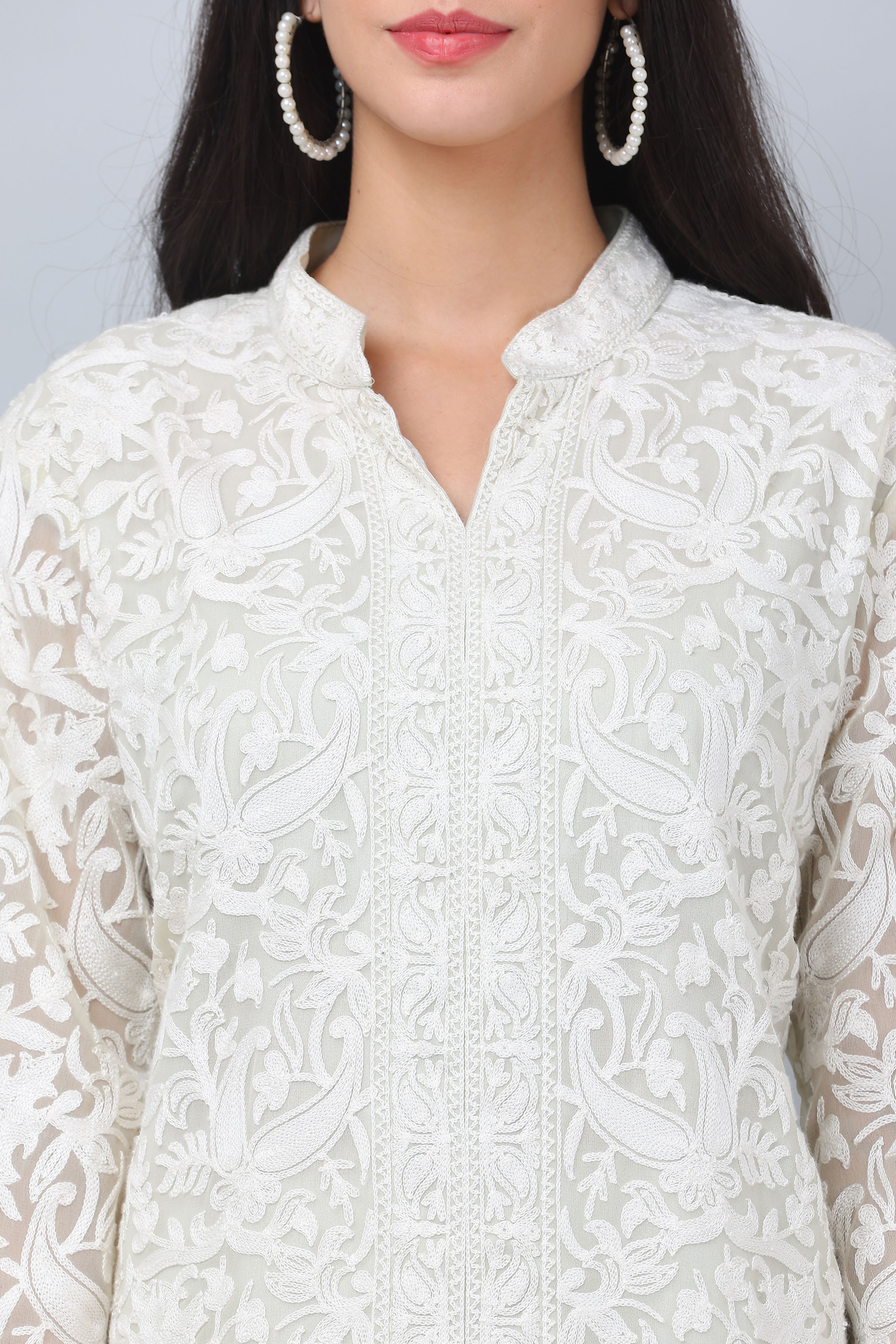 Kaanchie Nanggia Cream Georgette Embroidered Kurta & Dupatta with Pant (Set of 3)