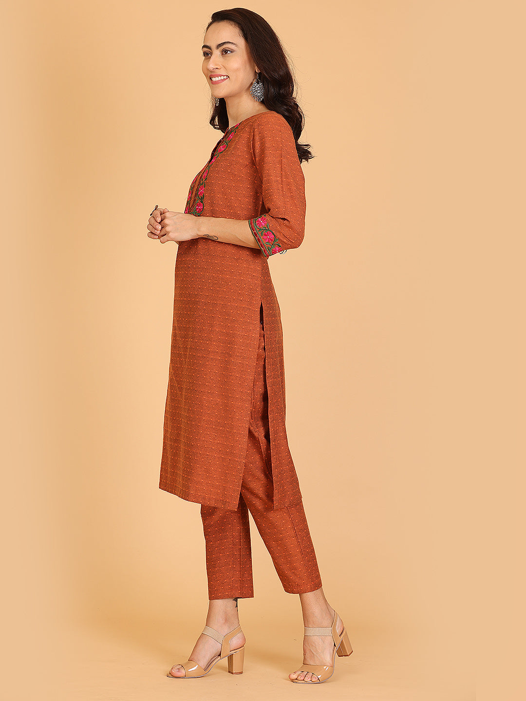 Kaanchie Nanggia Brown Embroidered A-Line Kurta with Pant (Set of 2)