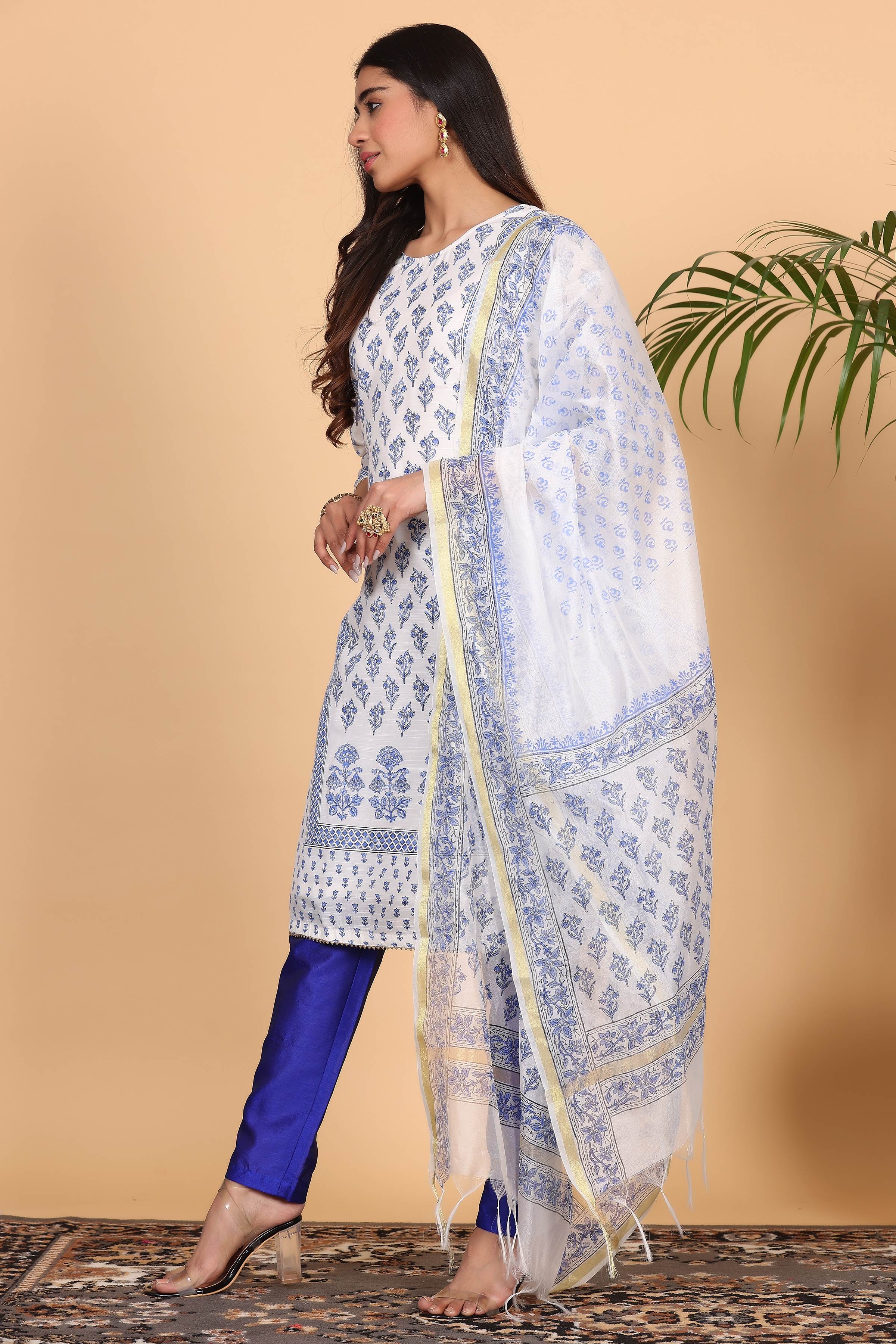 Kaanchie Nanggia Blue Cotton Printed Kurta Dupatta with Pants (Set of 3)