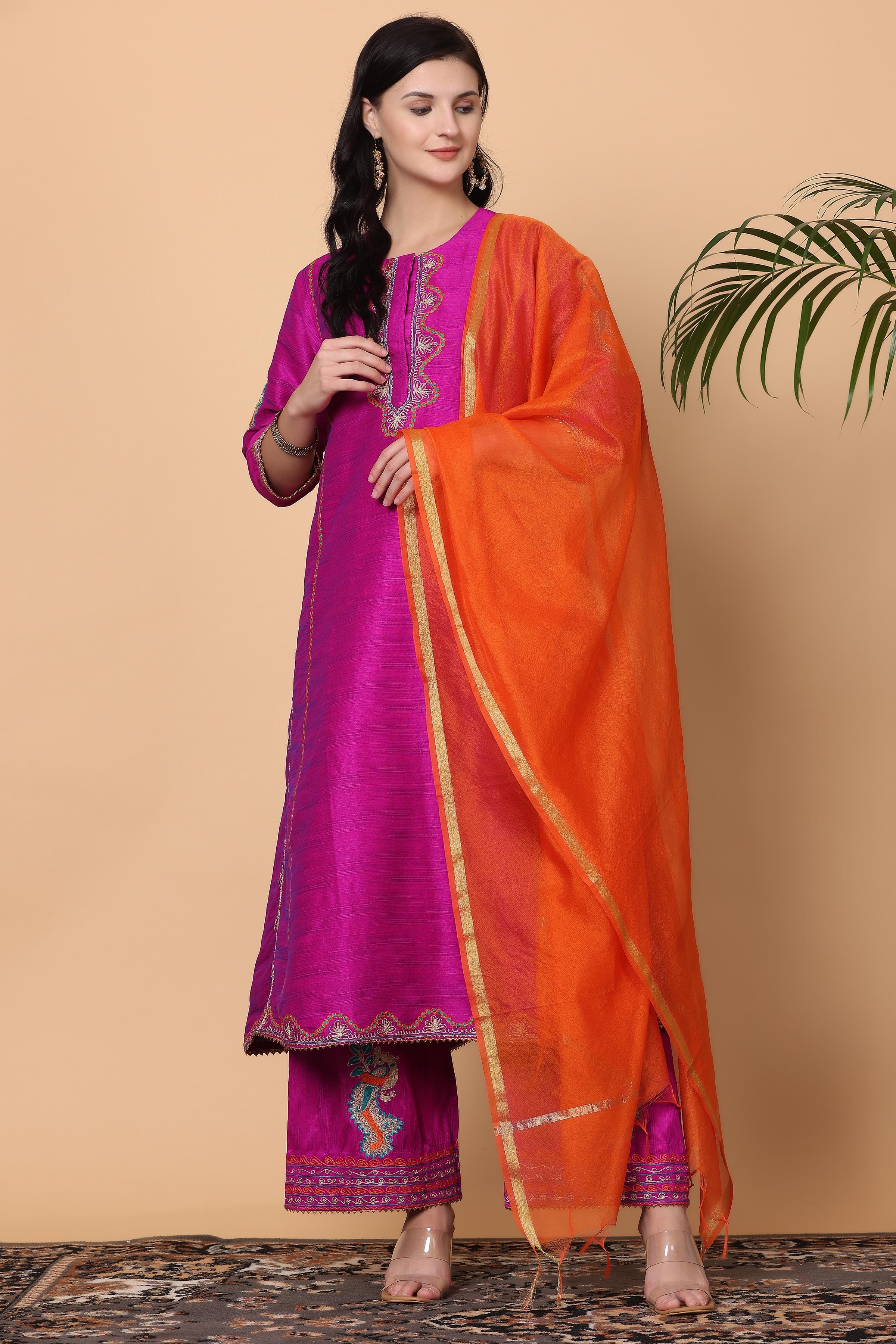 Kaanchie Nanggia Pink Embroidered Kurta Palazzo with Orange Dupatta (Set of 3)