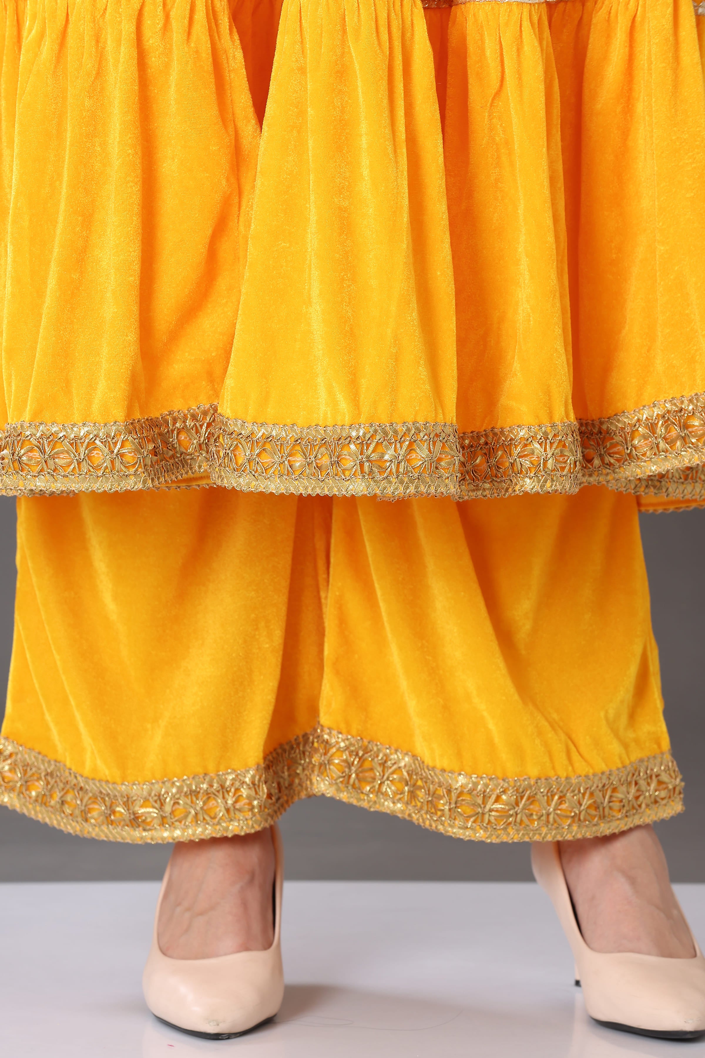 Kaanchie Nanggia Yellow Velvet with Gota Patti Work Flared Kurta Palazzo & Dupatta (Set of 3)