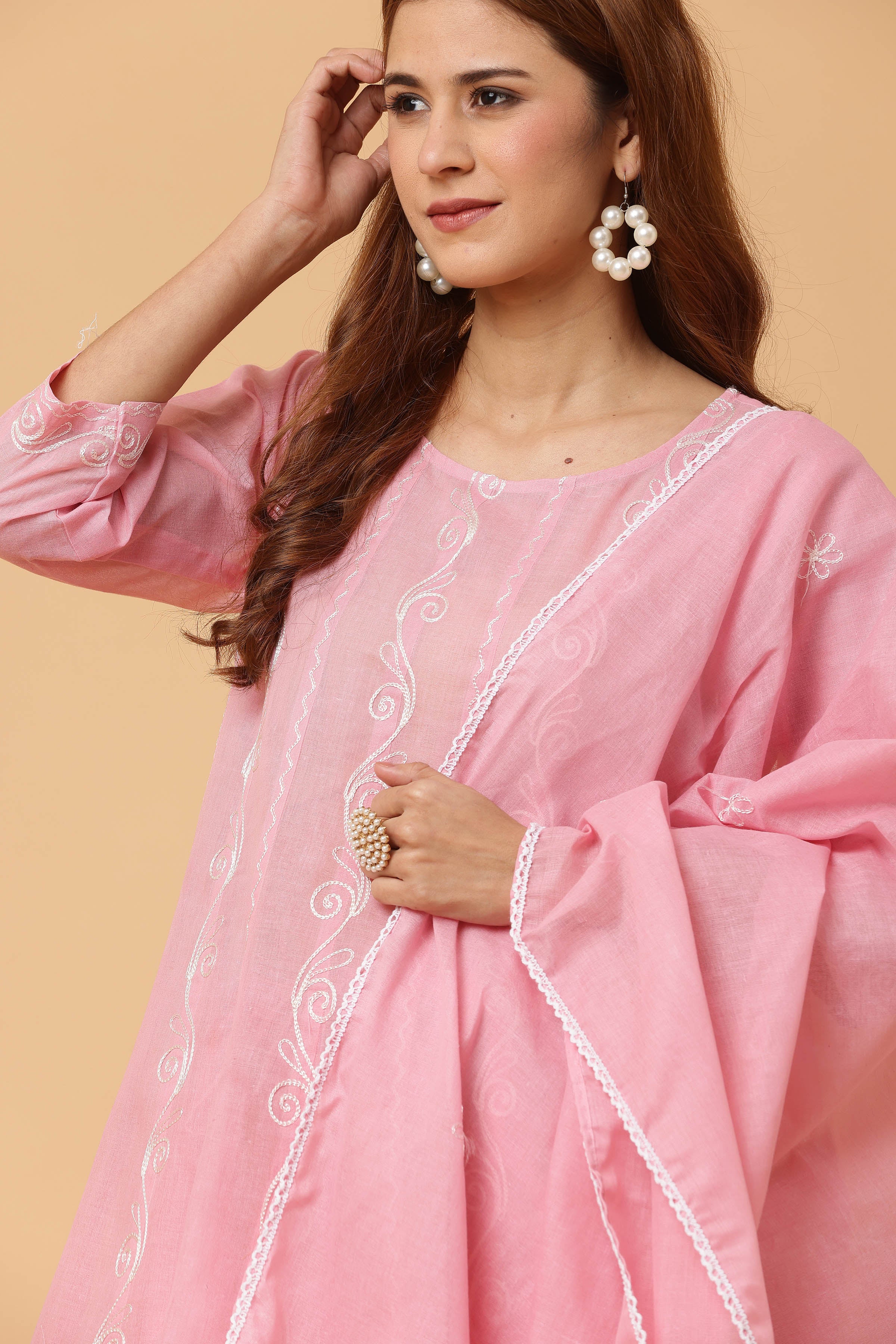 Kaanchie Nanggia Pink Kalidar Emb Kurta Chudidar with Dupatta (Set of 3)