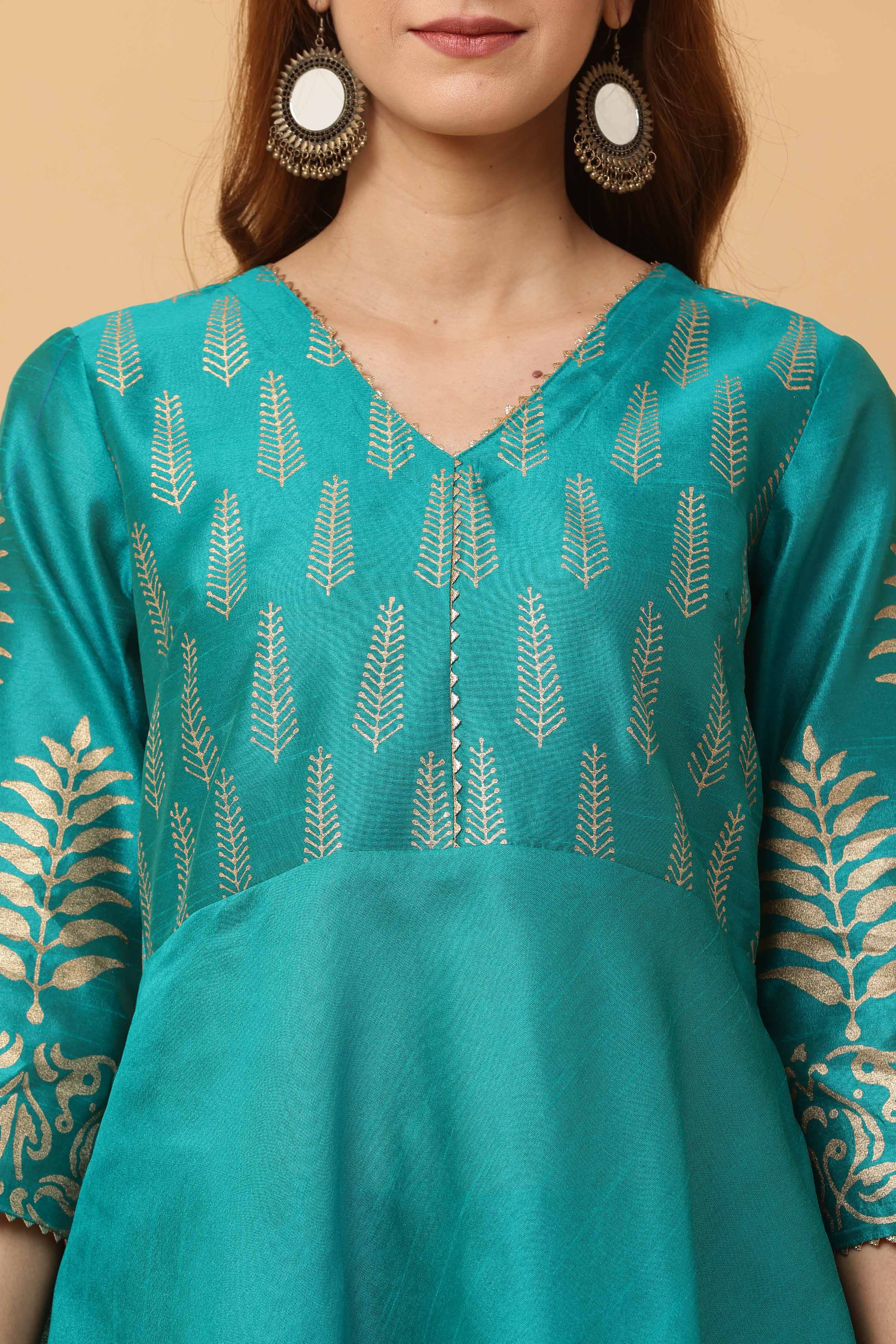 Kaanchie Nanggia Teal Green Flared Printed Kurta with Pant (Set of 2)