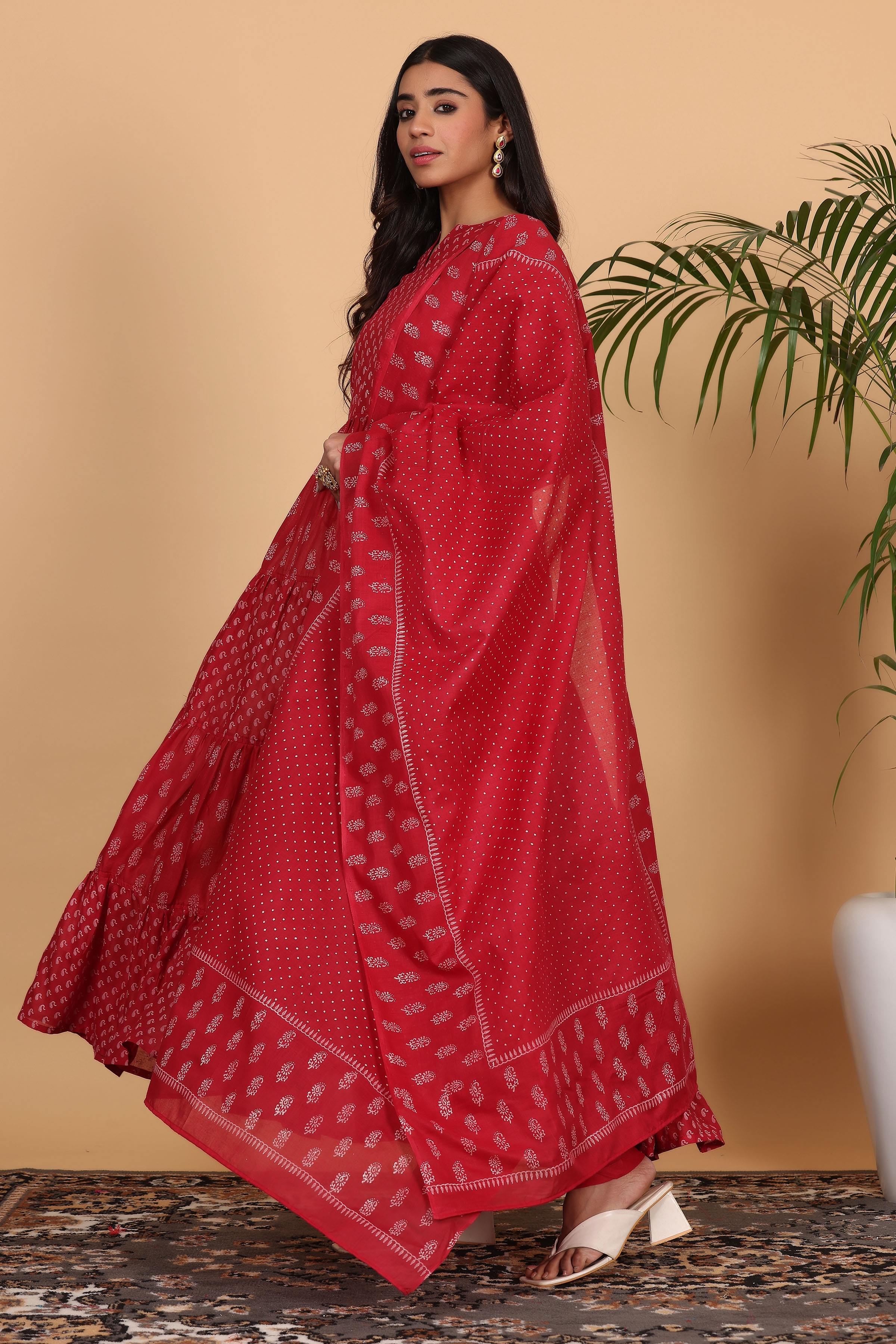 Kaanchie Nanggia Maroon Cotton Printed Anarkali Kurta Dupatta with Churidar (Set of 3)