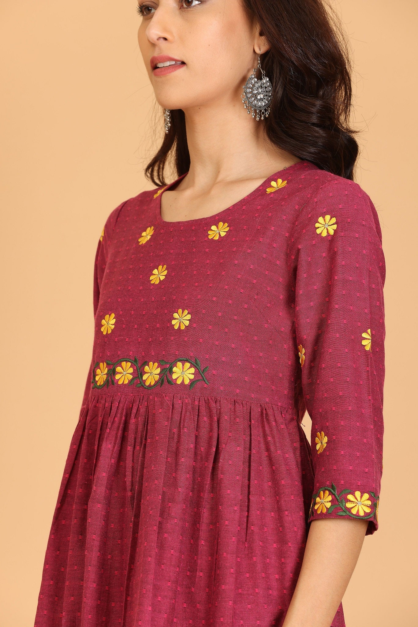 Kaanchie Nanggia Red Embroidered Flayred Kurta with Pant (Set of 2)