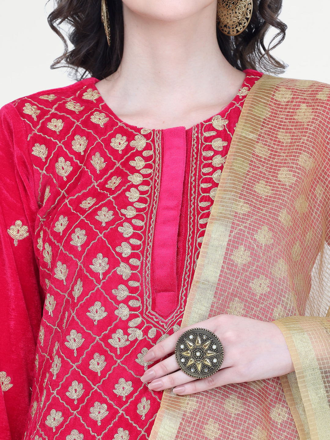 Kaanchie Nanggia Pink Embroidered Kurta Salwar with Chanderi Dupatta (Set of 3)