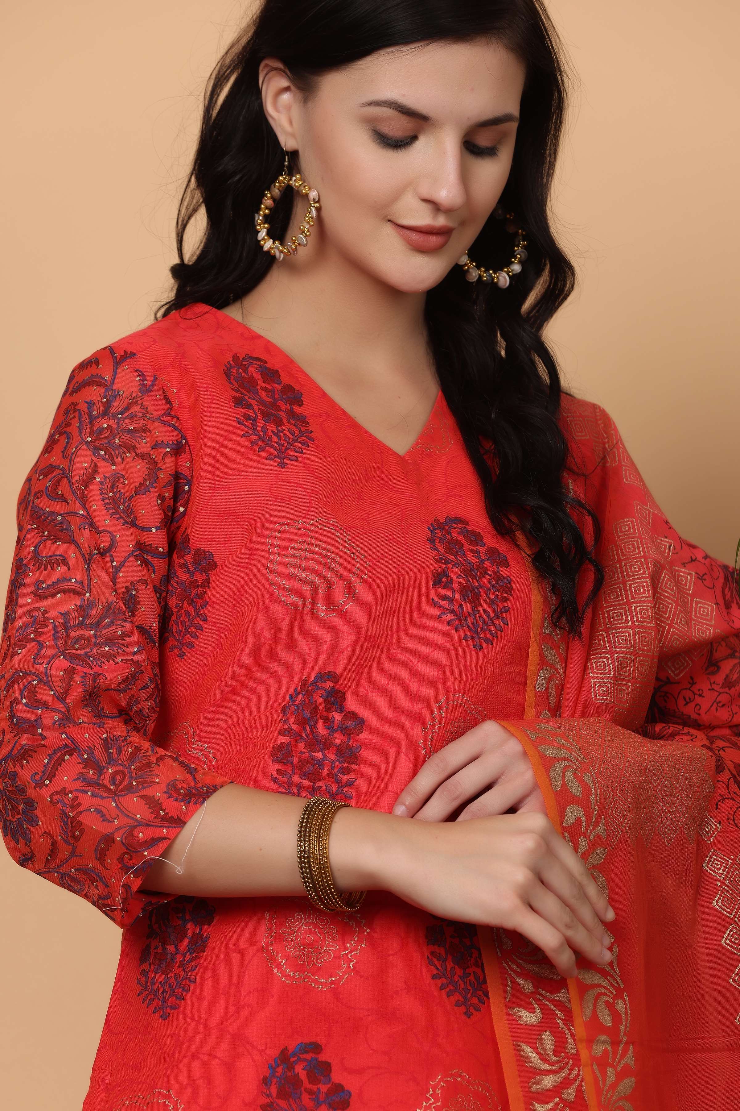 Kaanchie Nanggia Red Chanderi Printed Kurta Dupatta with Pants (Set of 3)