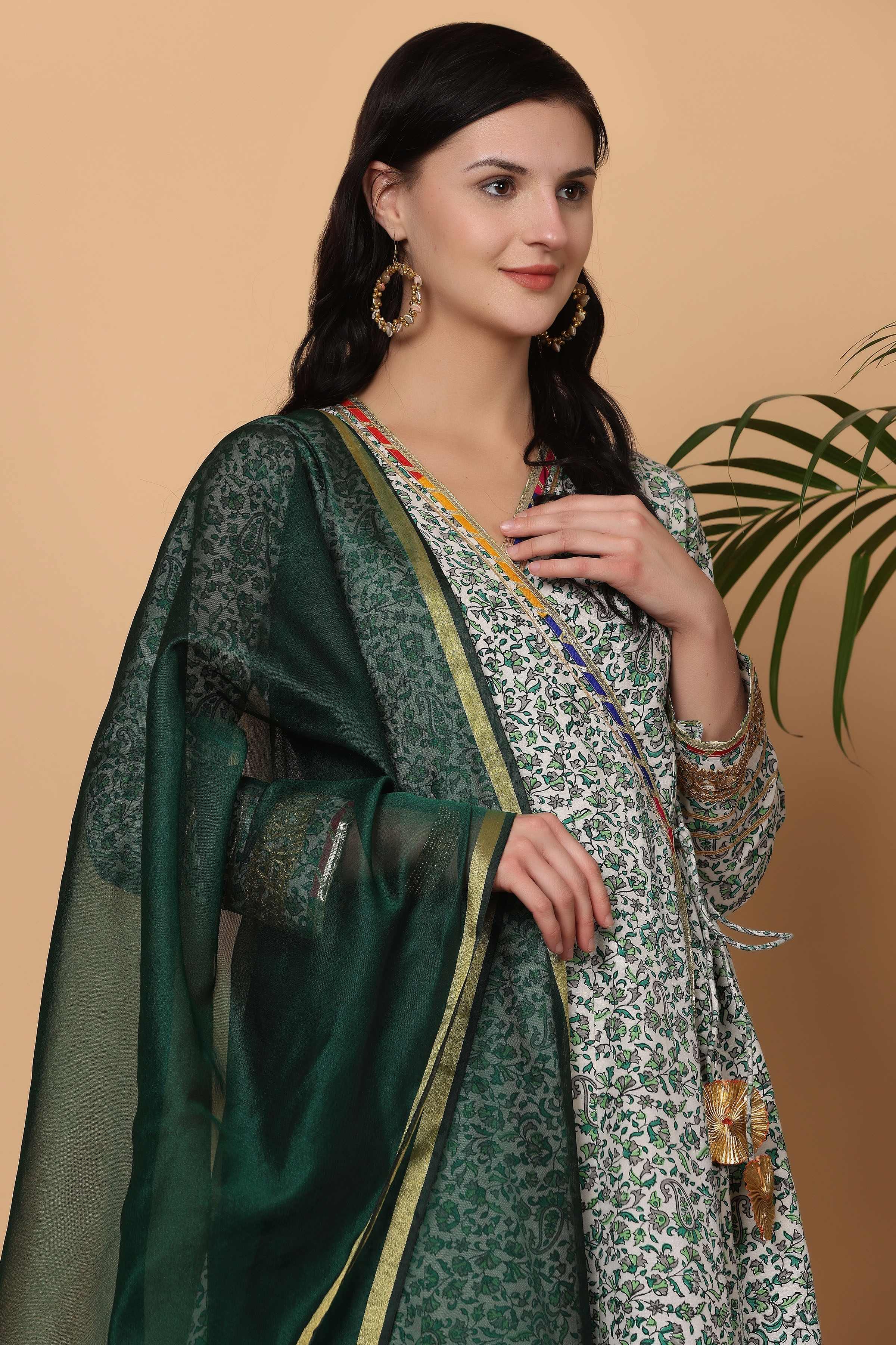 Kaanchie Nanggia Green Cotton Printed Anarkali Kurta with Dupatta and Leggings (Set of 3)