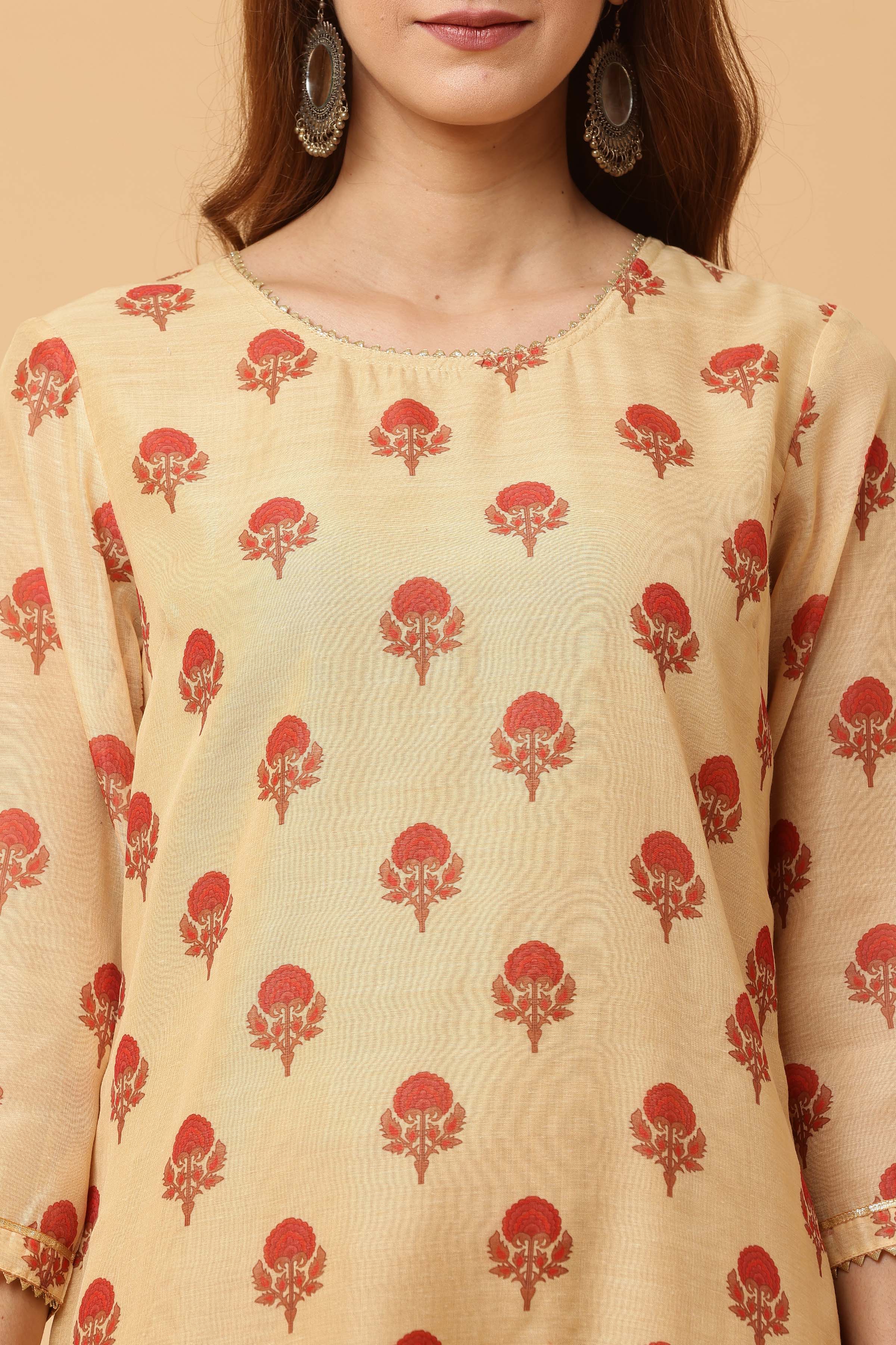 Kaanchie Nanggia Beige Digital Printed Kurta Legging with Dupatta (Set of 3)