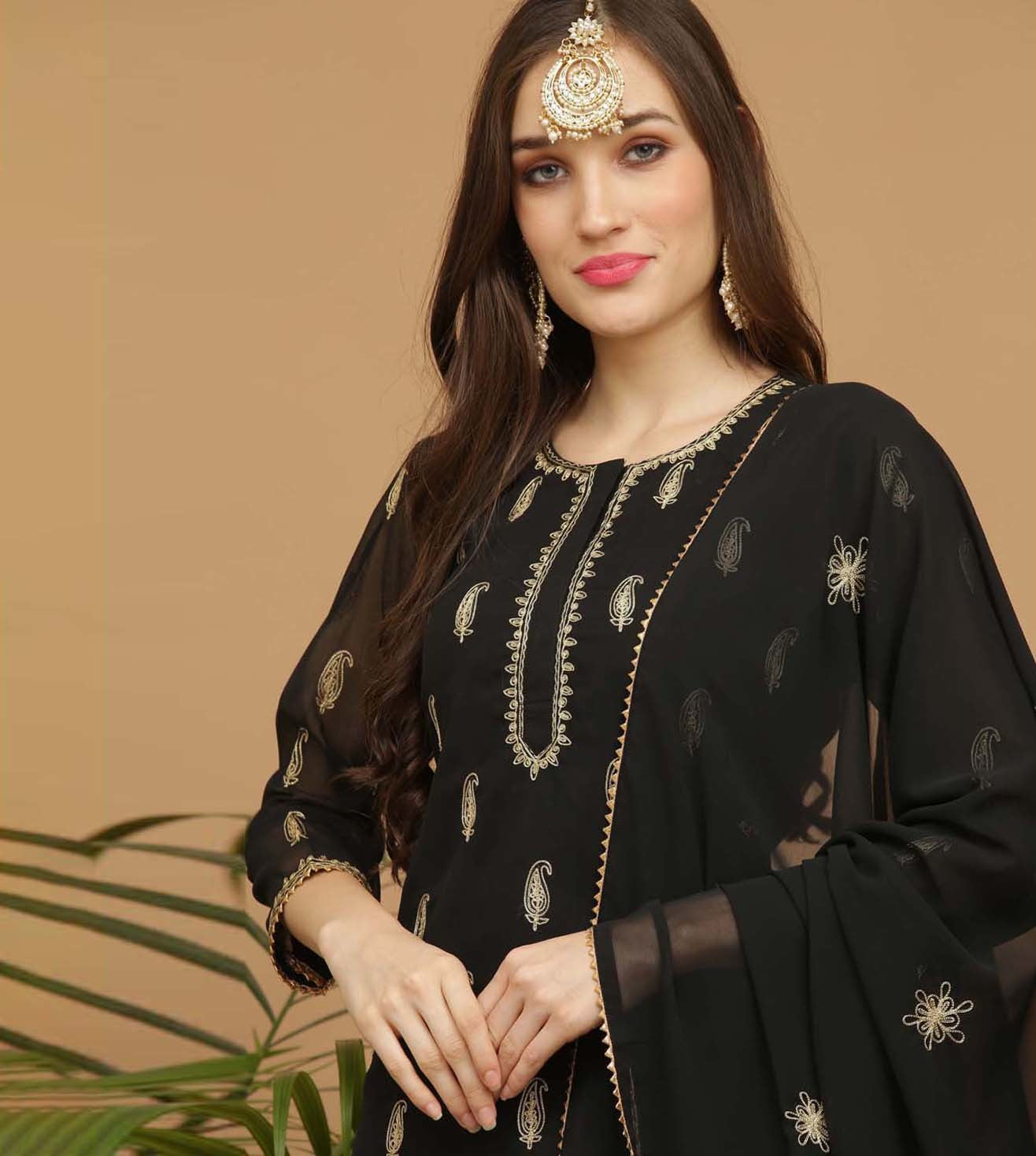 Kaanchie Nanggia Black Embroidery Georgette Kurta with Skirt & Dupatta (Set of 3)