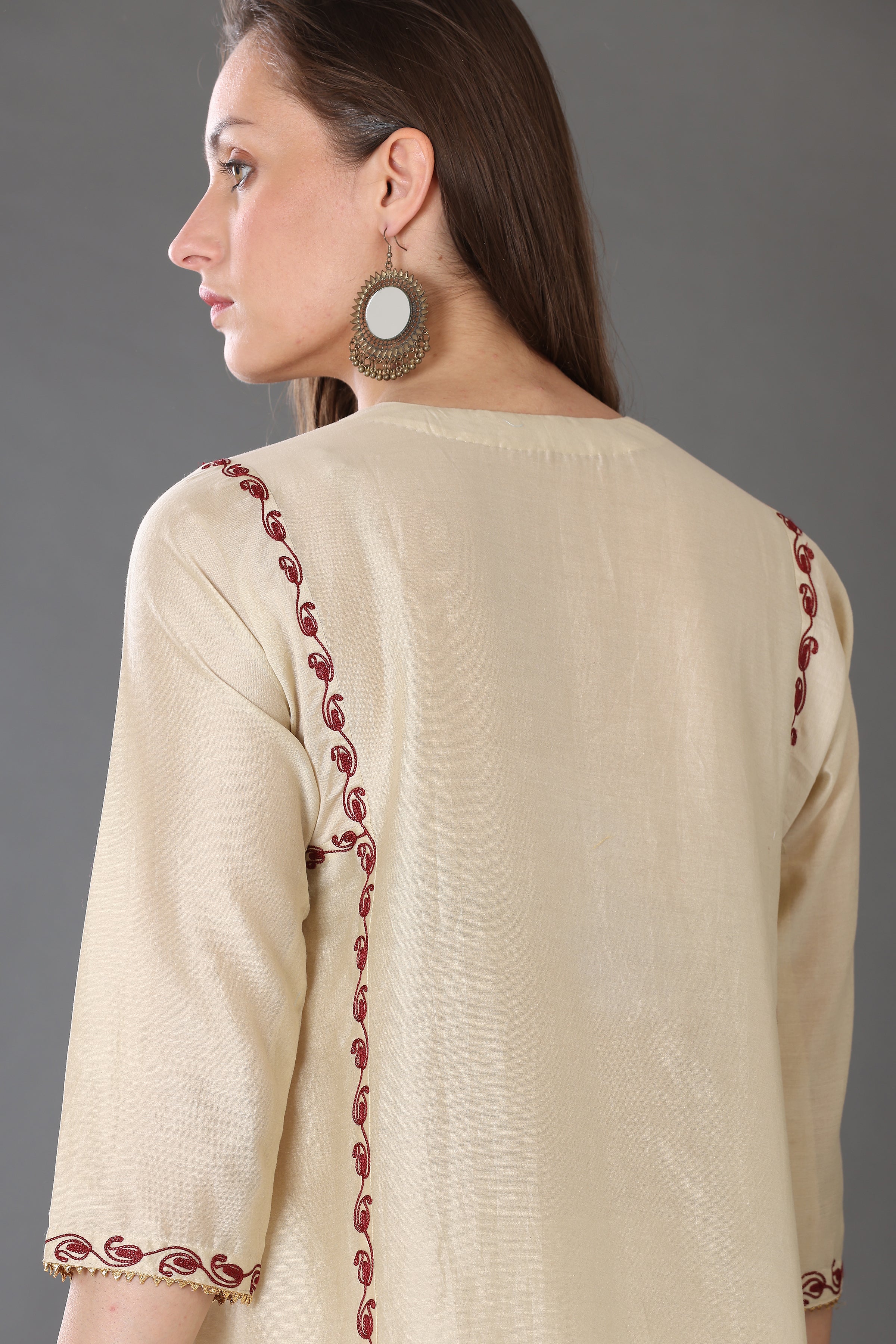 Kaanchie Nanggia Beige Embroidered Cotton Silk Kurta Palazzo (Set of 2)