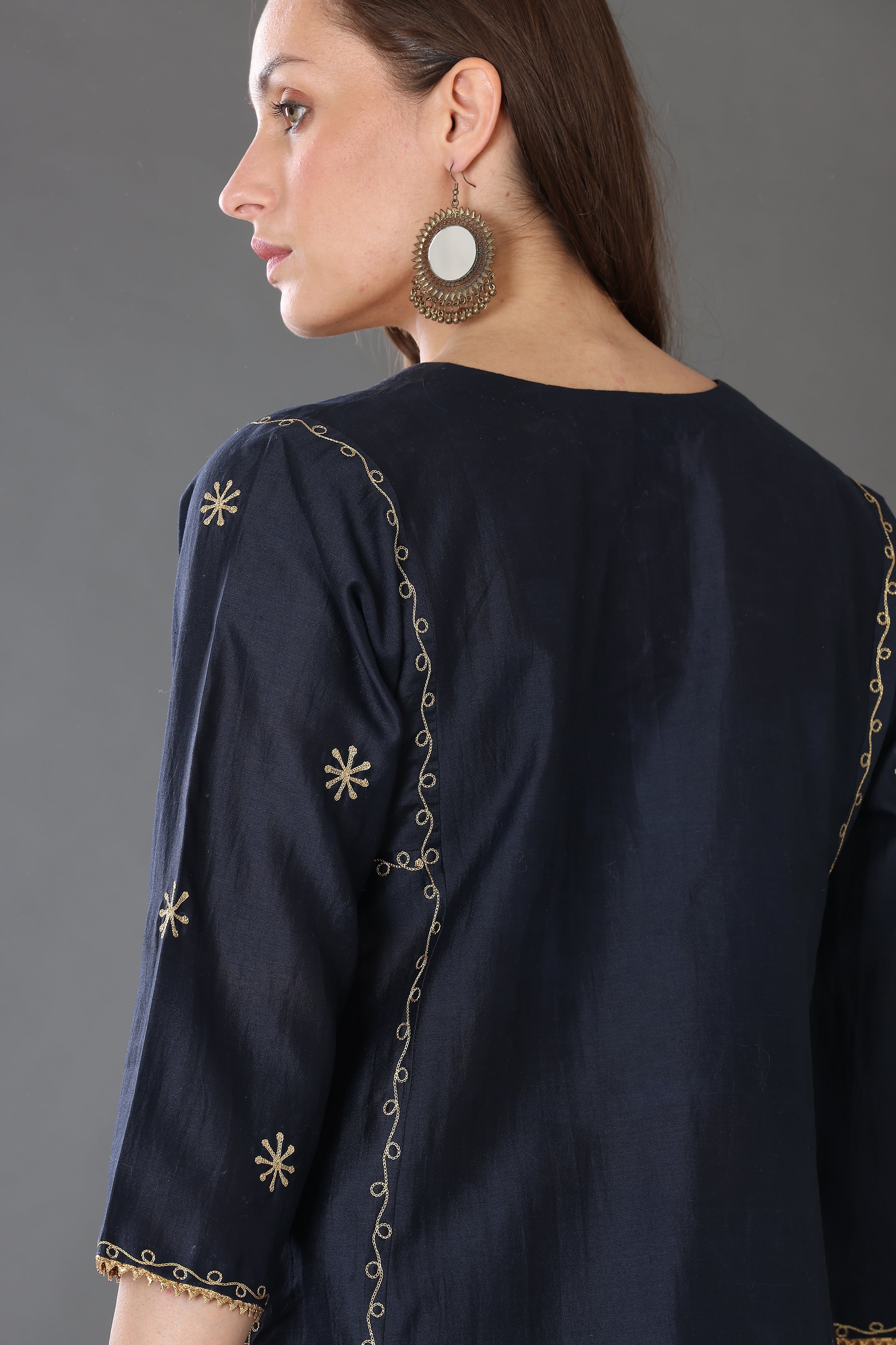 Kaanchie Nanggia Navy Blue Embroidered Cotton Silk Kurta Palazzo (Set of 2)