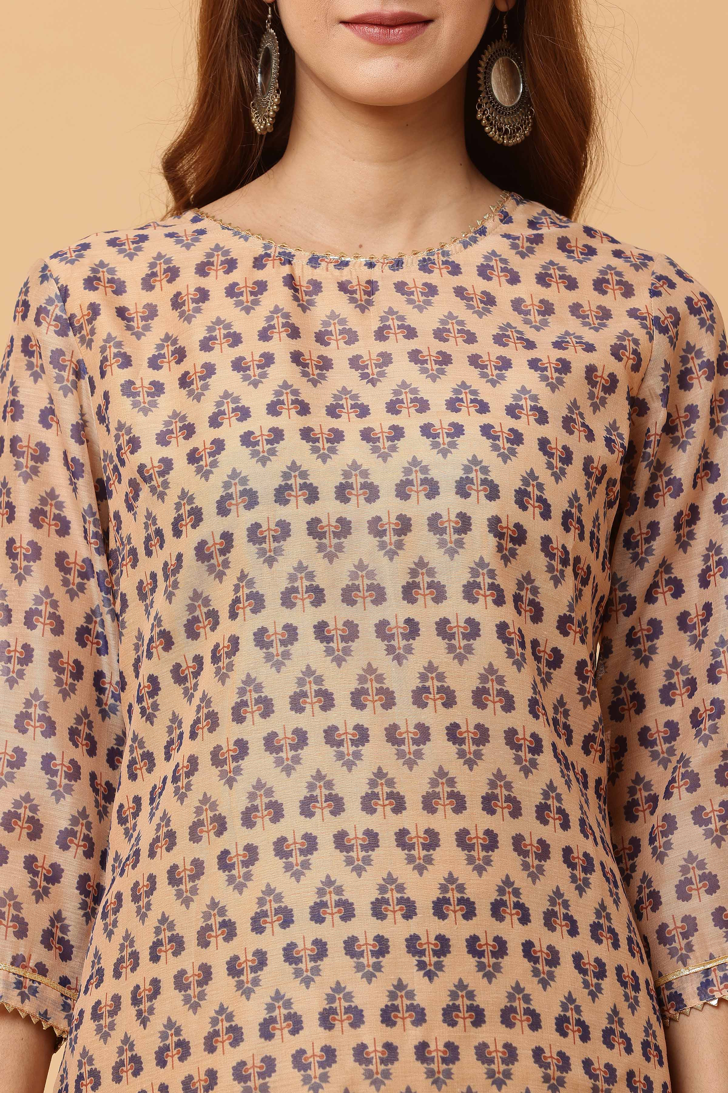 Kaanchie Nanggia Beige Digital Printed Kurta Legging with Dupatta (Set of 3)