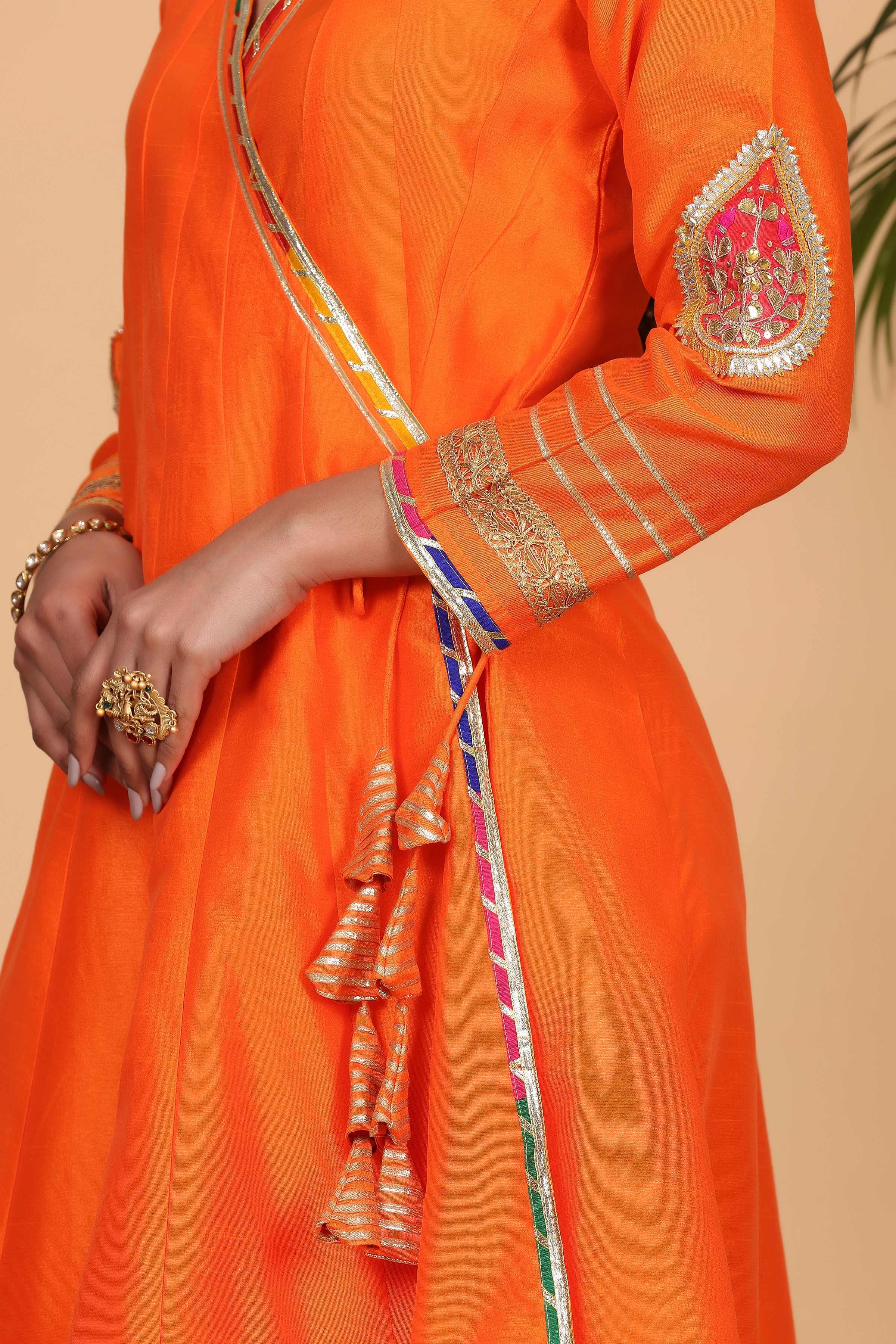 Kaanchie Nanggia Orange Silk Gota Work Anarkali Printed Dupatta with Churidar (Set of 3)