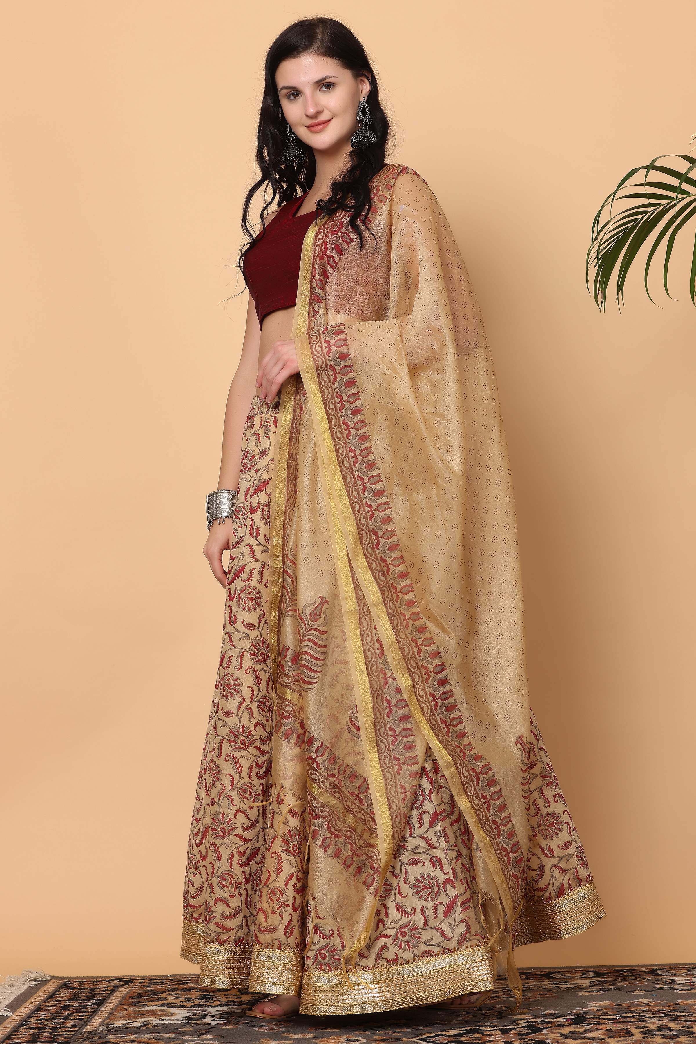 Kaanchie Nanggia Maroon Beige Printed Lehenga with Blouse and Dupatta (Set of 3)