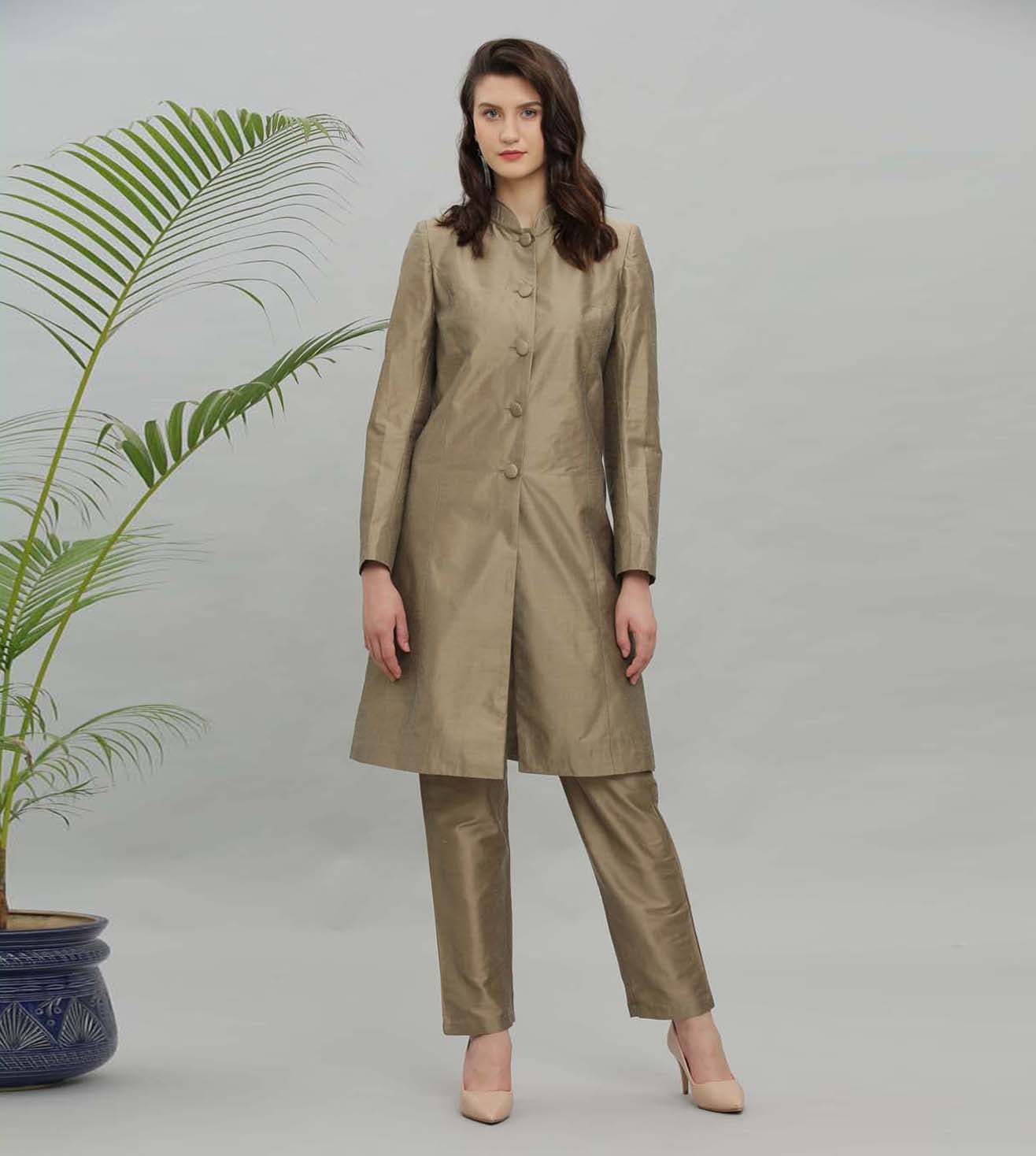 Kaanchie Nanggia Mud Brown Solid Jacket Kurta And Pant - (Set of 2)