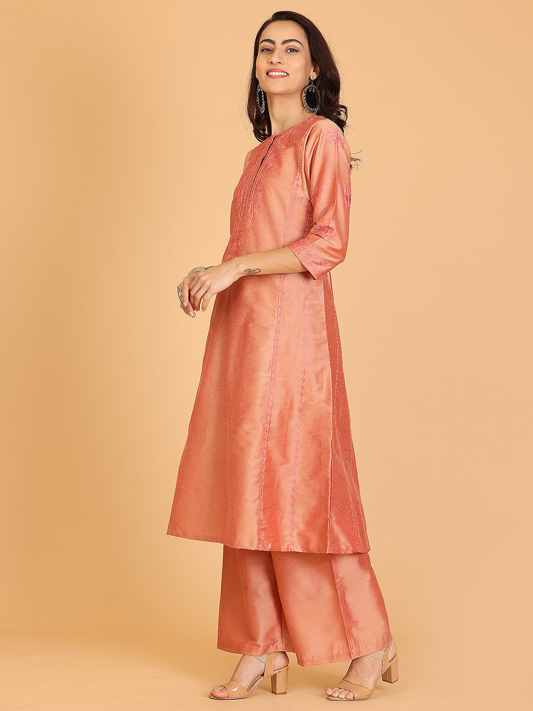 Kaanchie Nanggia Dusty Peach Embroidered Cotton Silk Flayred Kurta and Palazzo (Set of 2)