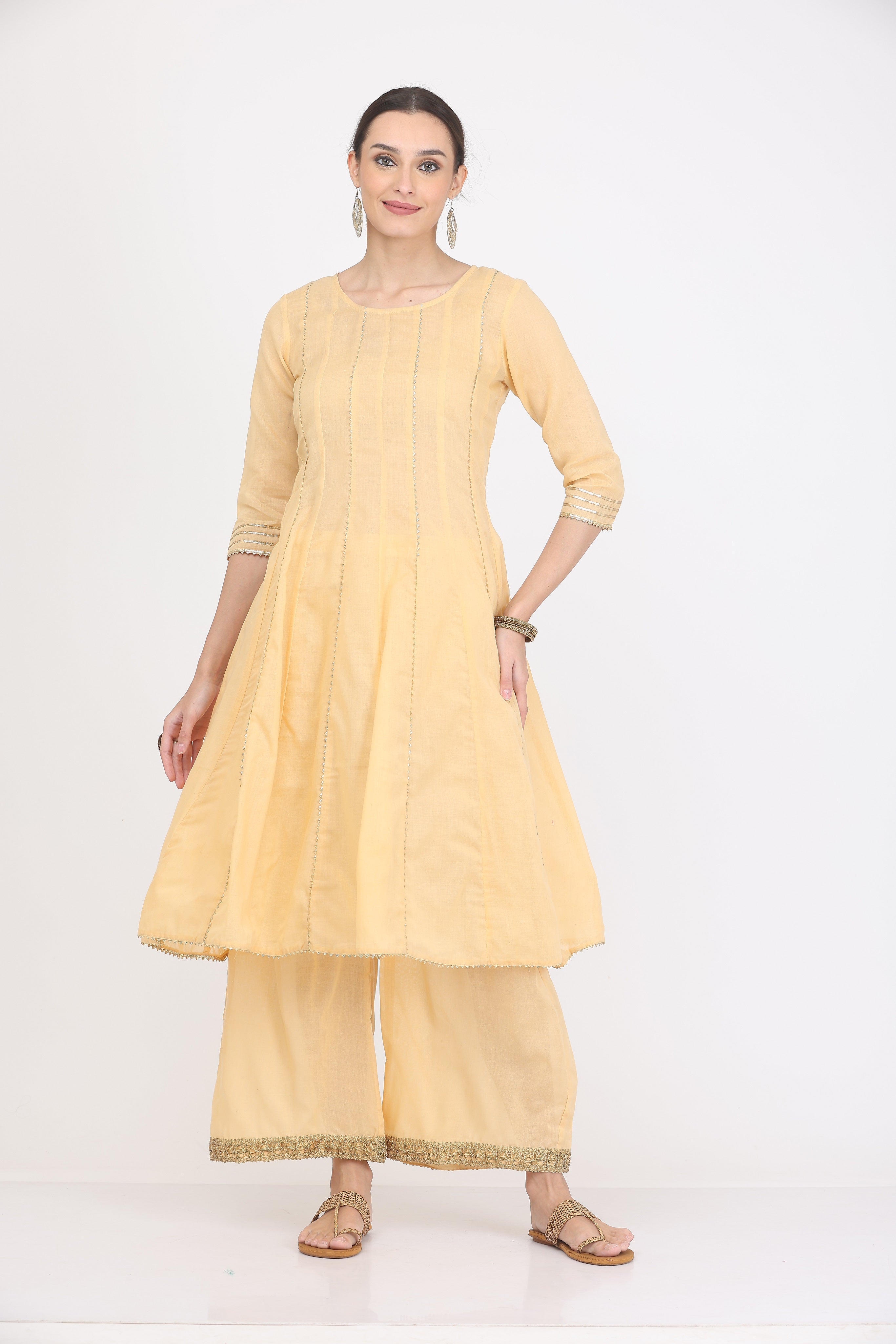 Kaanchie Nanggia Beige Gota Work Kurta Palazzo with Dupatta (Set of 3)