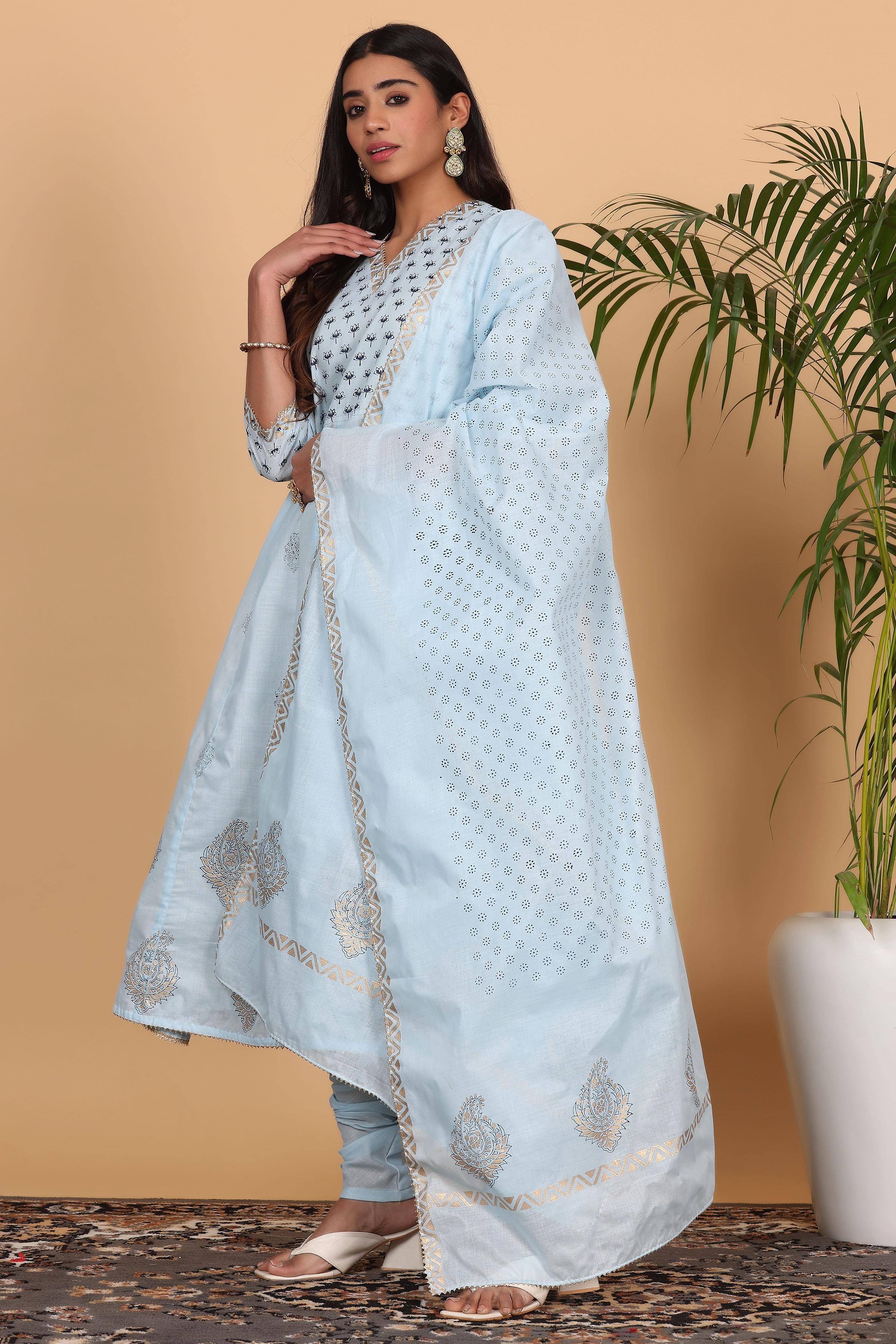 Kaanchie Nanggia Blue Printed Anarkali Kurta Dupatta with Churidar (Set of 3)