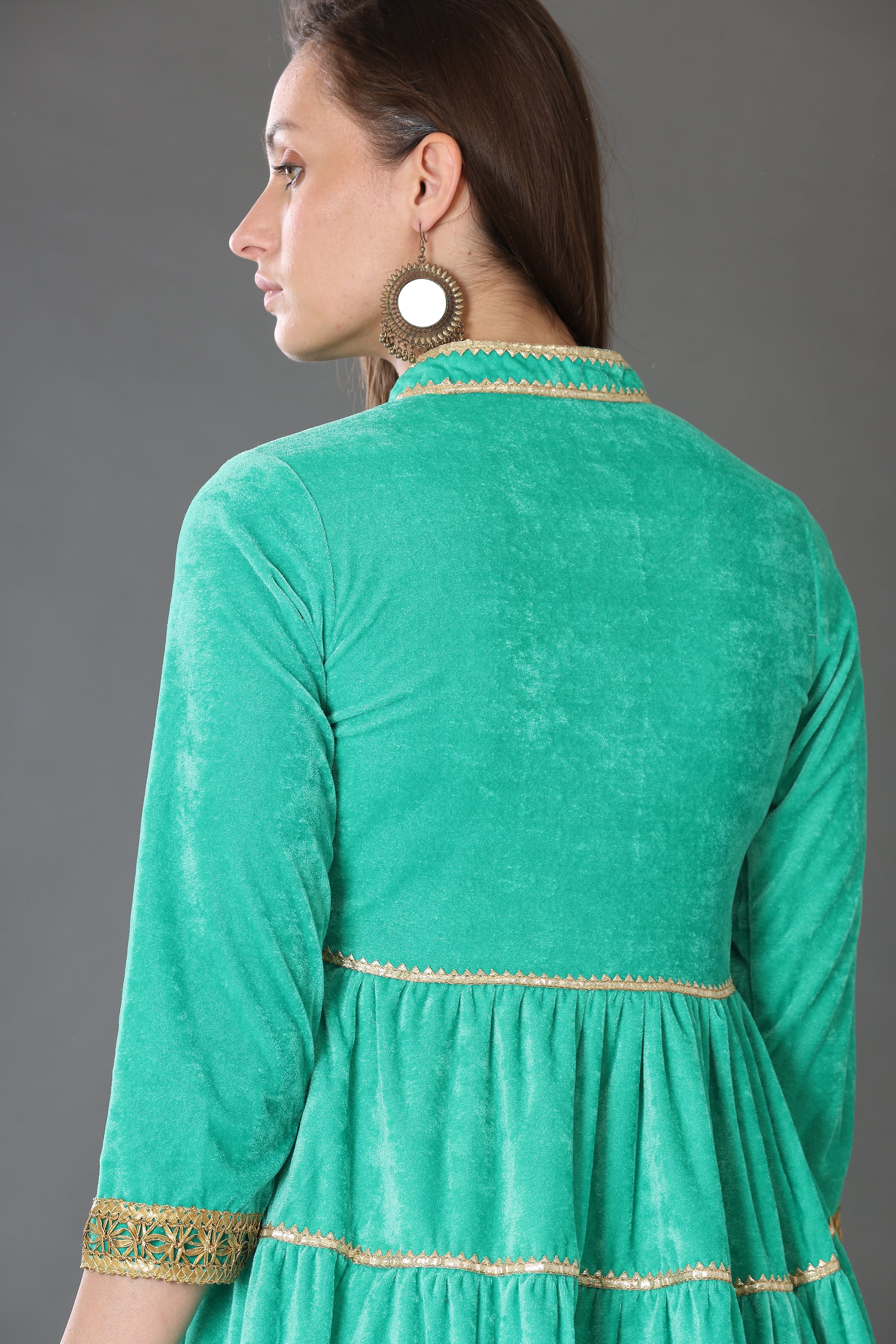 Kaanchie Nanggia Firoji Velvet with Gota Patti Work Flared Kurta Palazzo & Dupatta (Set of 3)