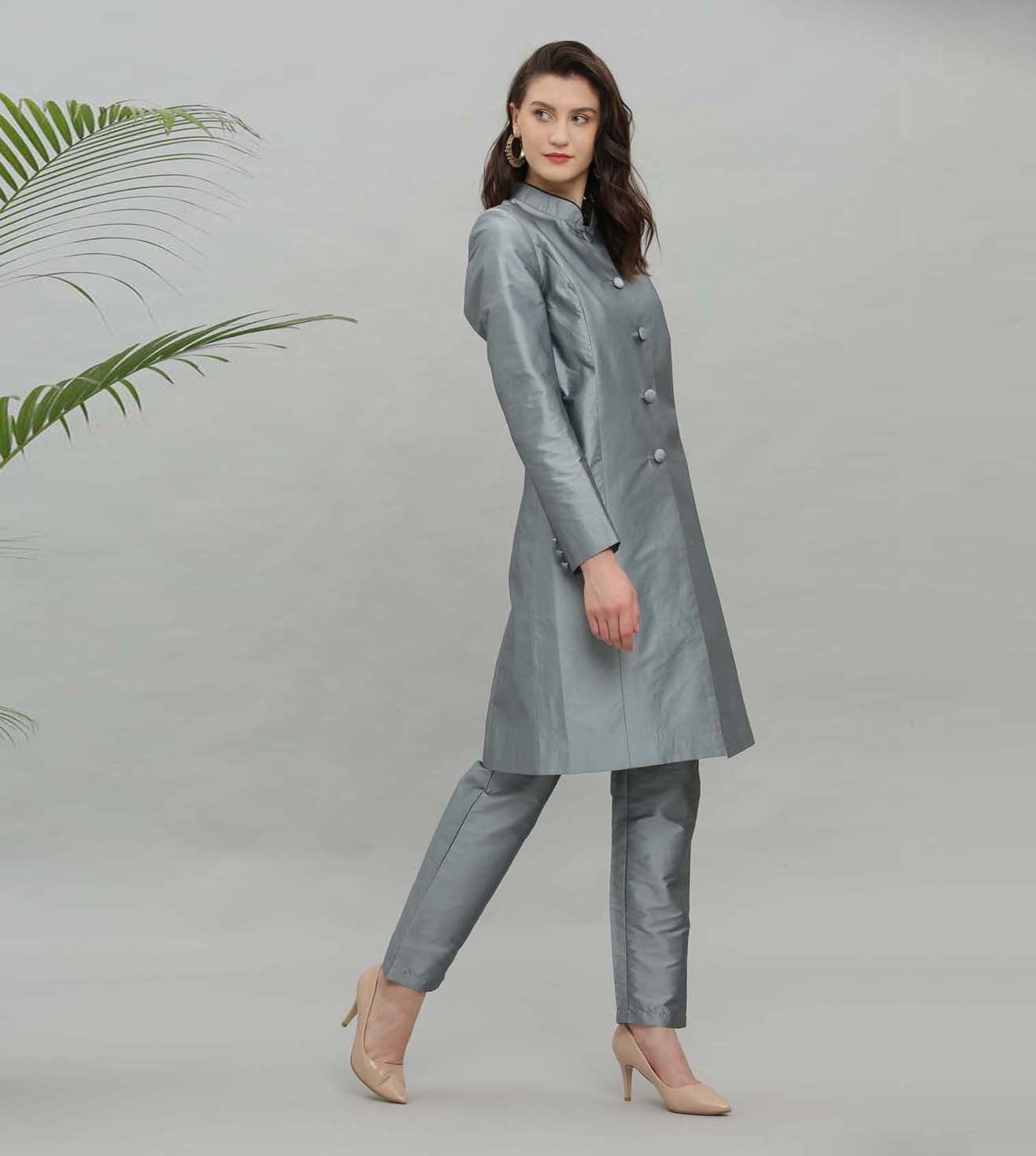 Kaanchie Nanggia Grey Solid Jacket Kurta And Pant - (Set of 2)