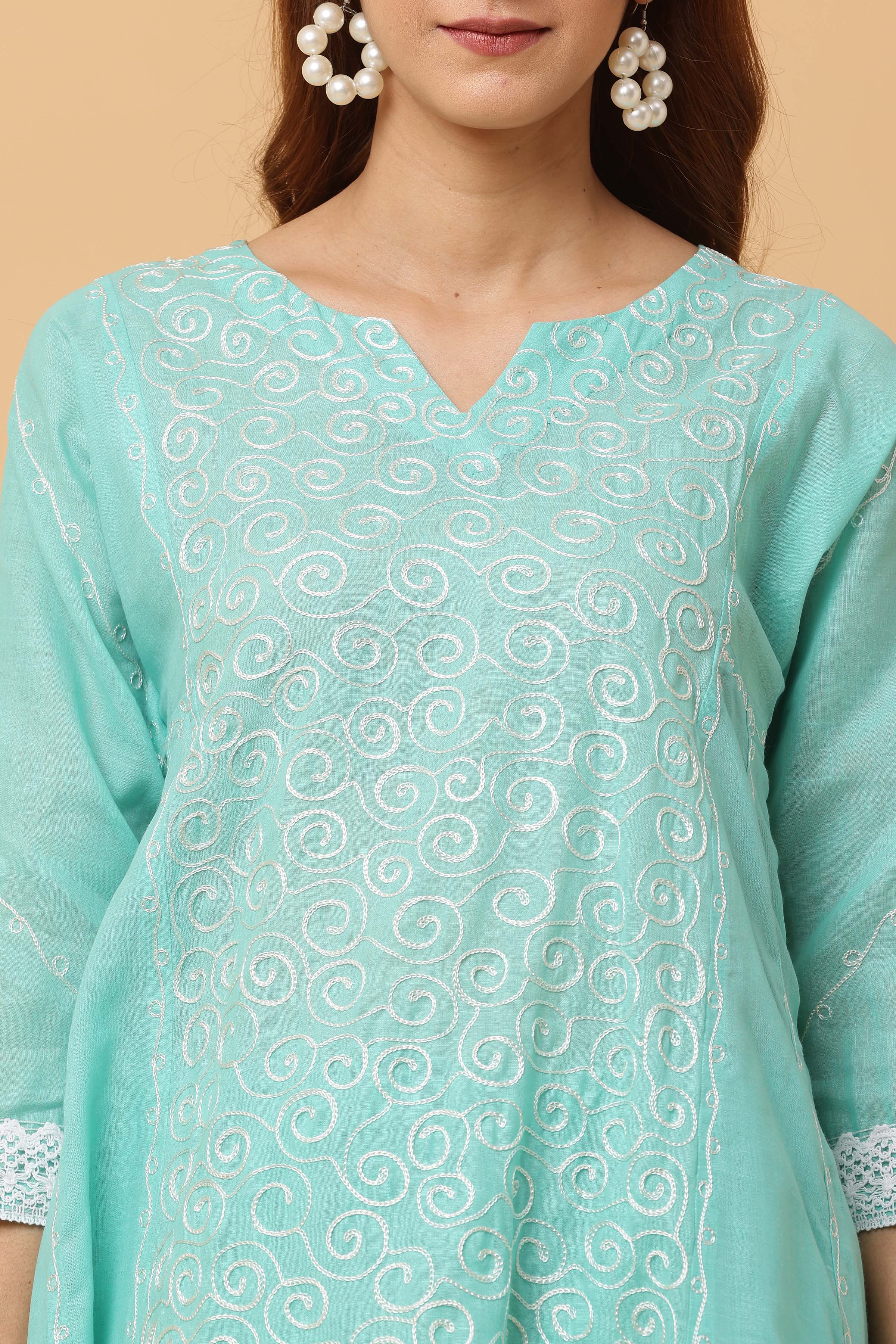 Kaanchie Nanggia Turquoise Kalidar Embroidered Kurta Chudidar with Dupatta (Set of 3)